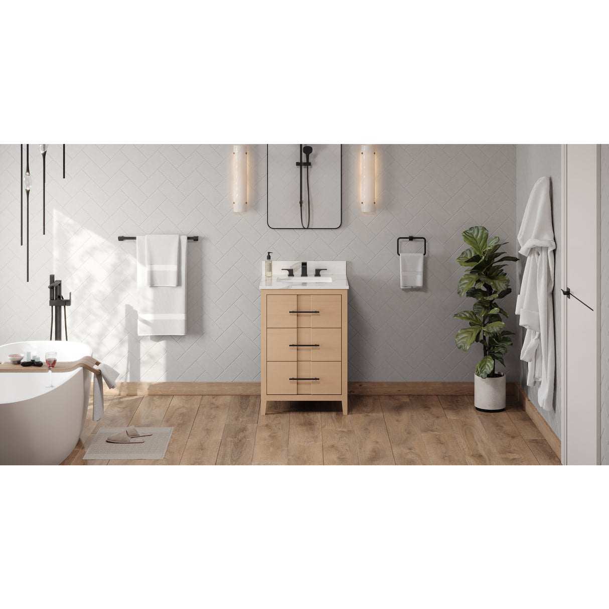 Jeffrey Alexander Katara 24" Natural Oak Single Sink Bathroom Vanity with Calacatta Vienna Quartz Top - 8 in. Widespread Faucet Top