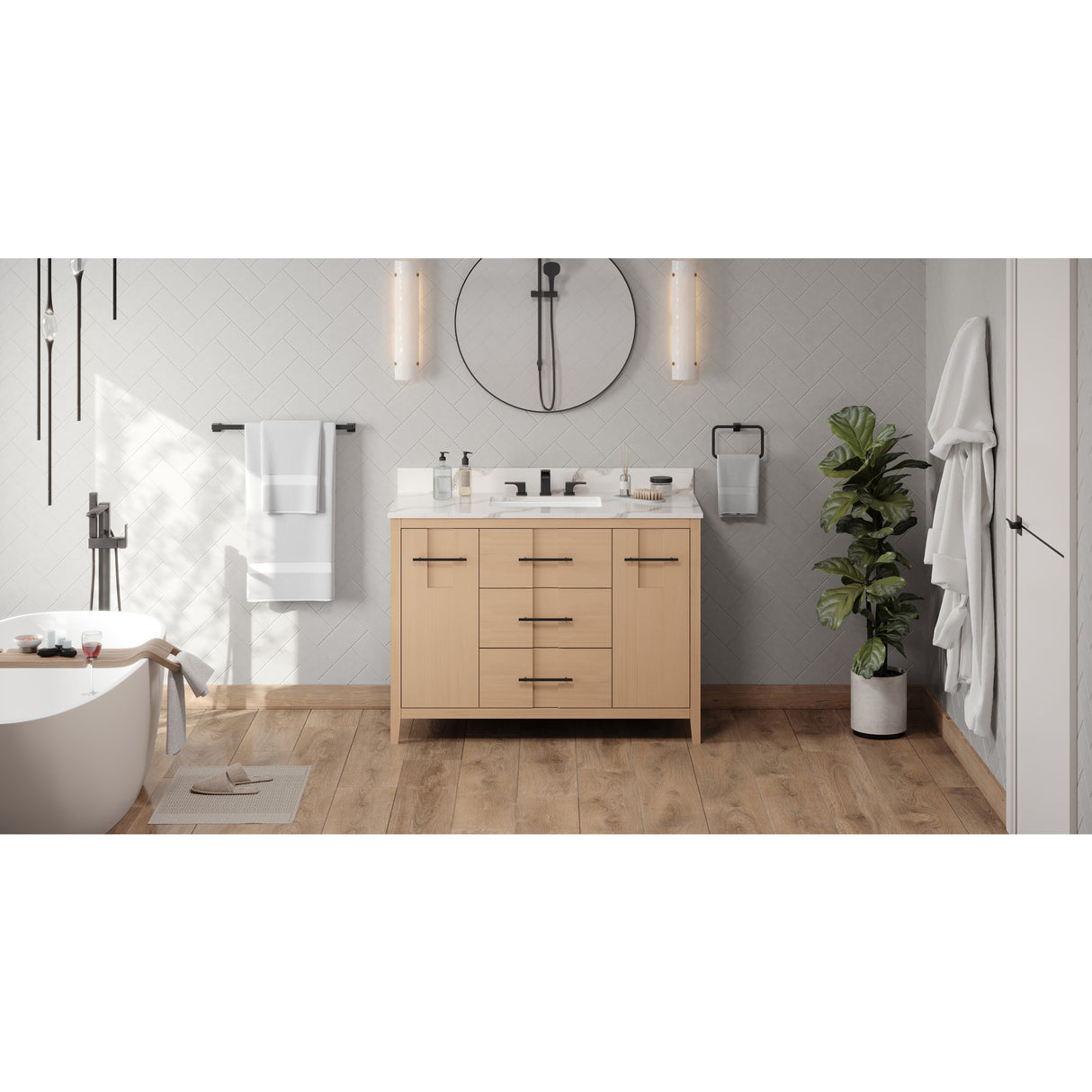 Jeffrey Alexander Katara 48" Natural Oak Single Sink Bathroom Vanity with Calacatta Vienna Quartz Top - 8 in. Widespread Faucet Top