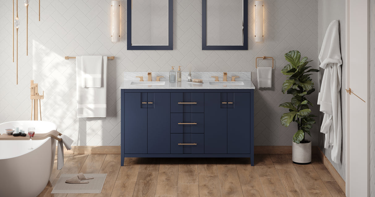 Jeffrey Alexander Katara 60" Hale Blue Double Sink Bathroom Vanity with White Carrara Marble Top - 8 in. Widespread Faucet Top product image 7