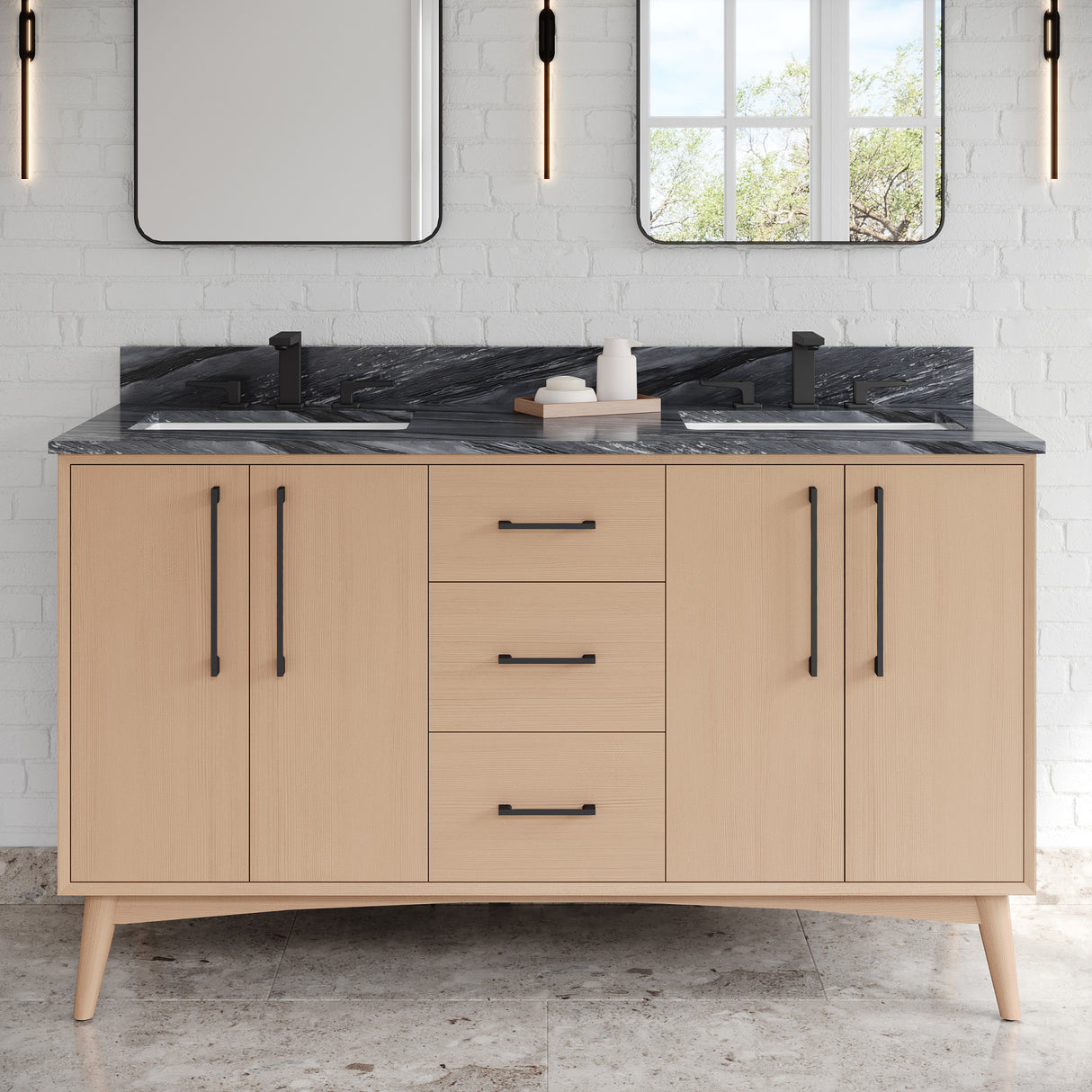 Jeffrey Alexander Dashwood 60" Natural Oak Double Sink Bathroom Vanity with Grey Marble Top - 8 in. Widespread Faucet Top