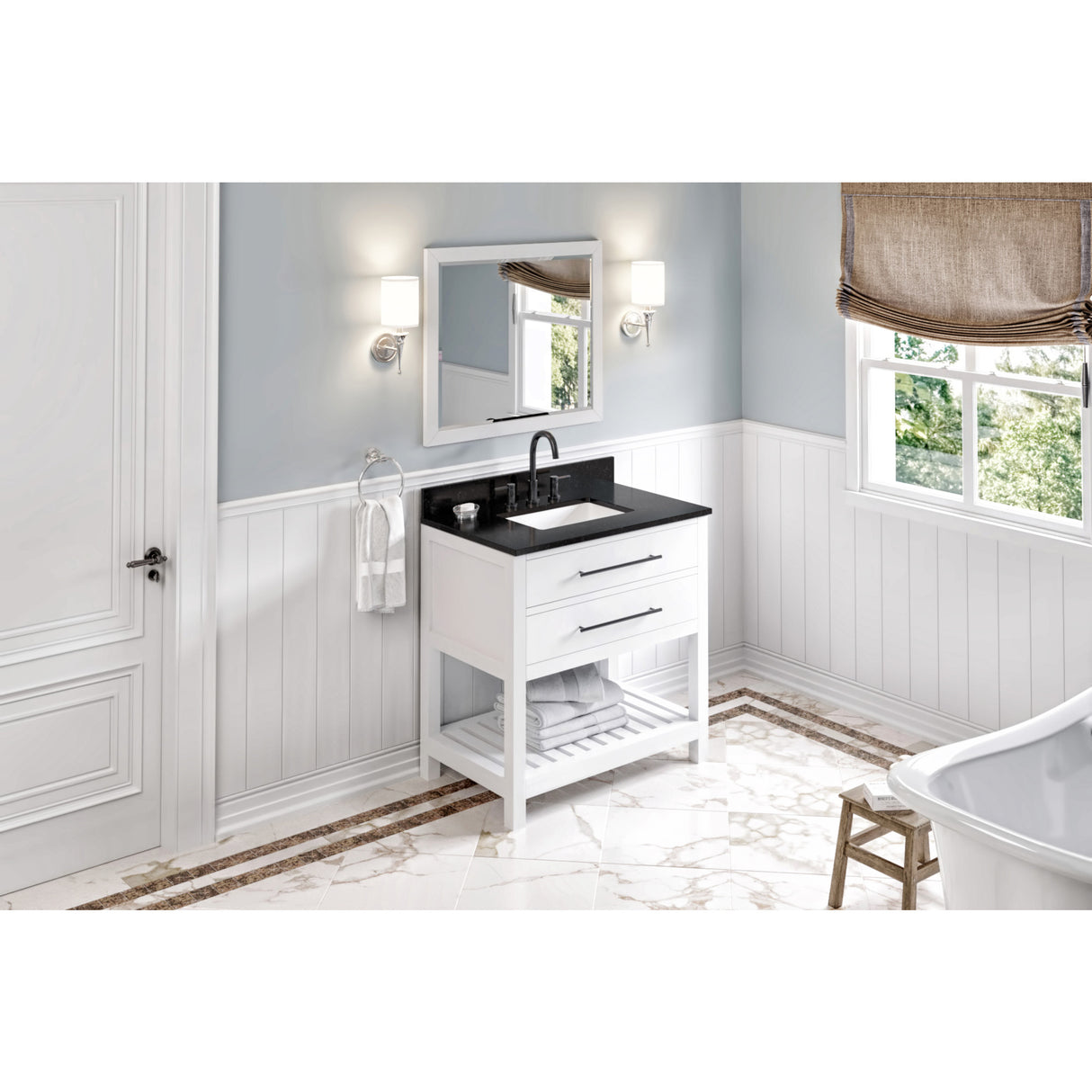 Jeffrey Alexander Wavecrest 36" White Single Sink Bathroom Vanity with Black Granite Top - 8 in. Widespread Faucet Top