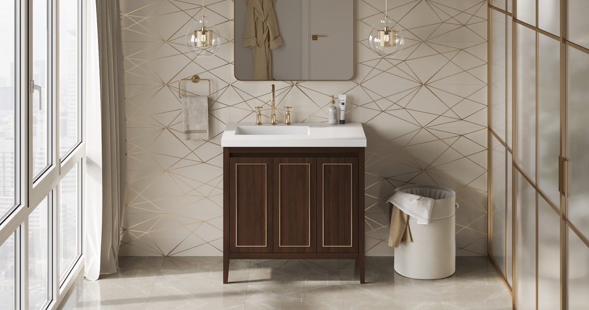 Jeffrey Alexander Percival 36" Dark Walnut Single Sink Bathroom Vanity with White Resin Top - 8 in. Widespread Faucet Top product image 6
