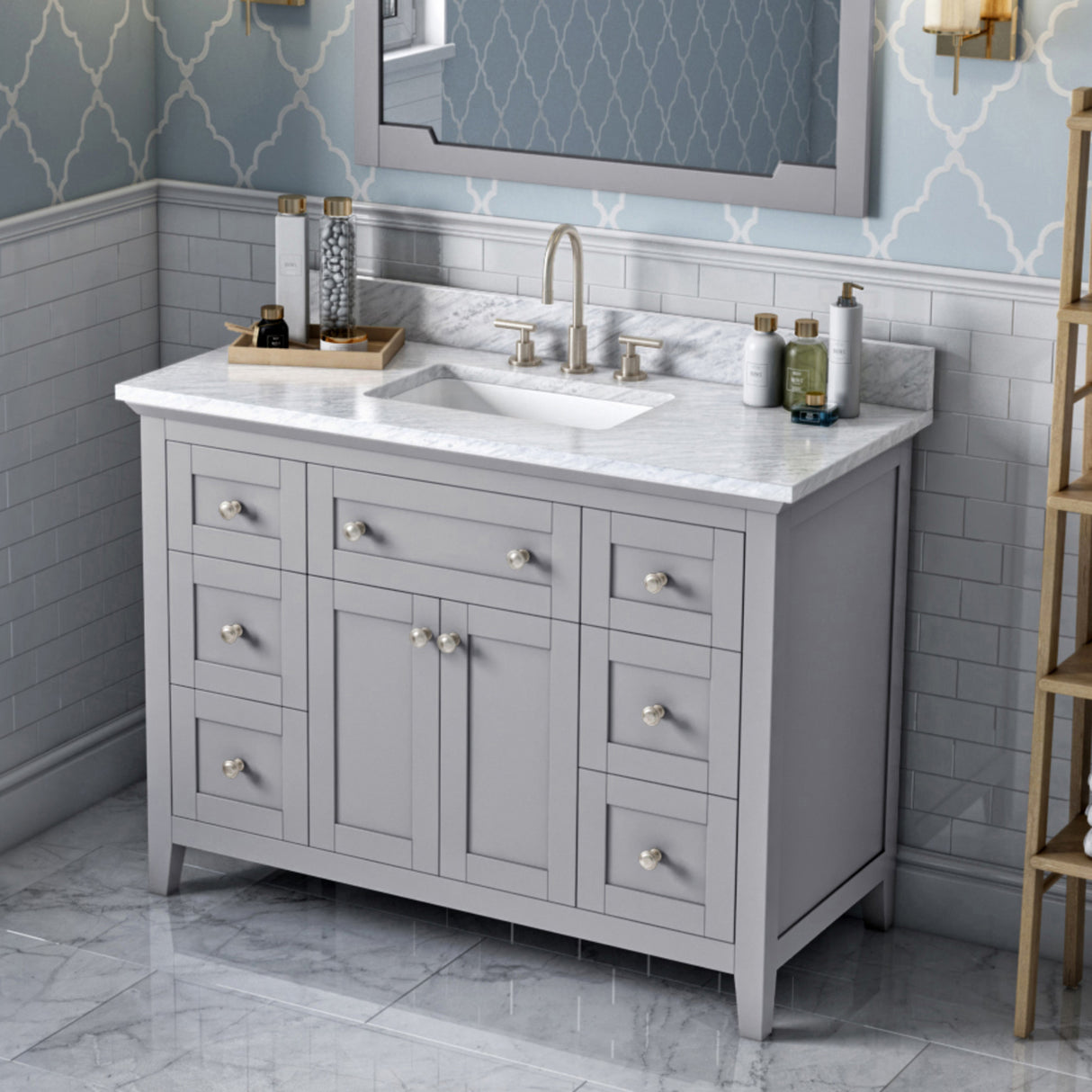 Jeffrey Alexander Chatham 48" Grey Single Sink Bathroom Vanity with White Carrara Marble Top - 8 in. Widespread Faucet Top product image 2