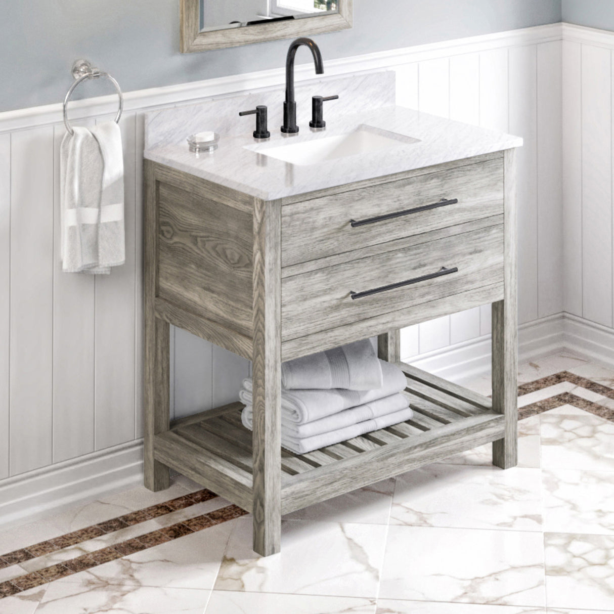 Jeffrey Alexander Wavecrest 36" Weathered Grey Single Sink Bathroom Vanity with White Carrara Marble Top - 8 in. Widespread Faucet Top product image 2