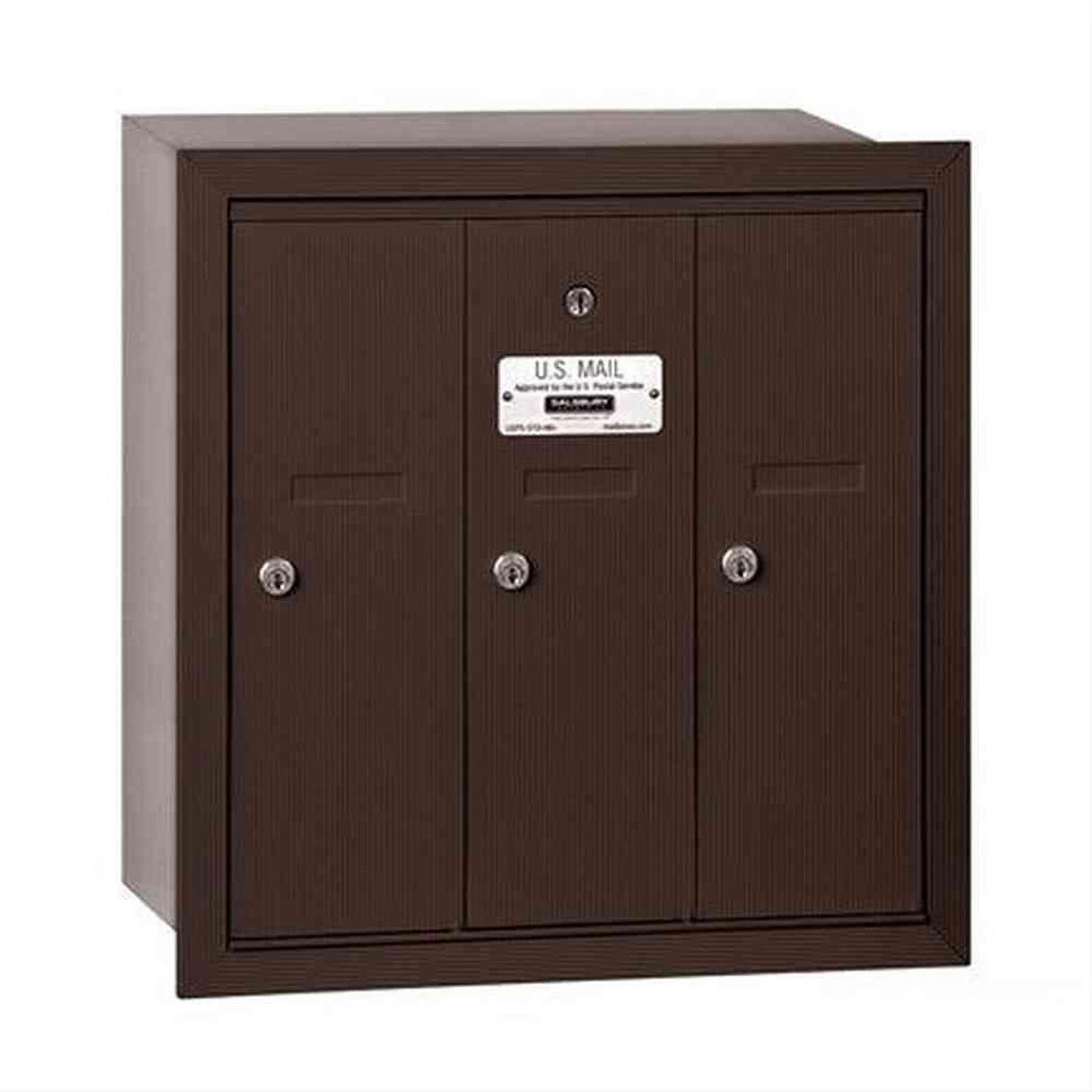 Salsbury Industries 3503ZRP 3503-RP Vertical Mailbox 3 Doors Recessed Mounted Private Access Bronze