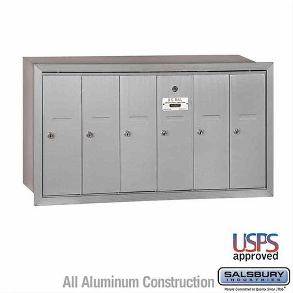 Salsbury Industries 3506ARU 3506-RU Vertical Mailbox 6 Doors Recessed Mounted USPS Access Aluminum