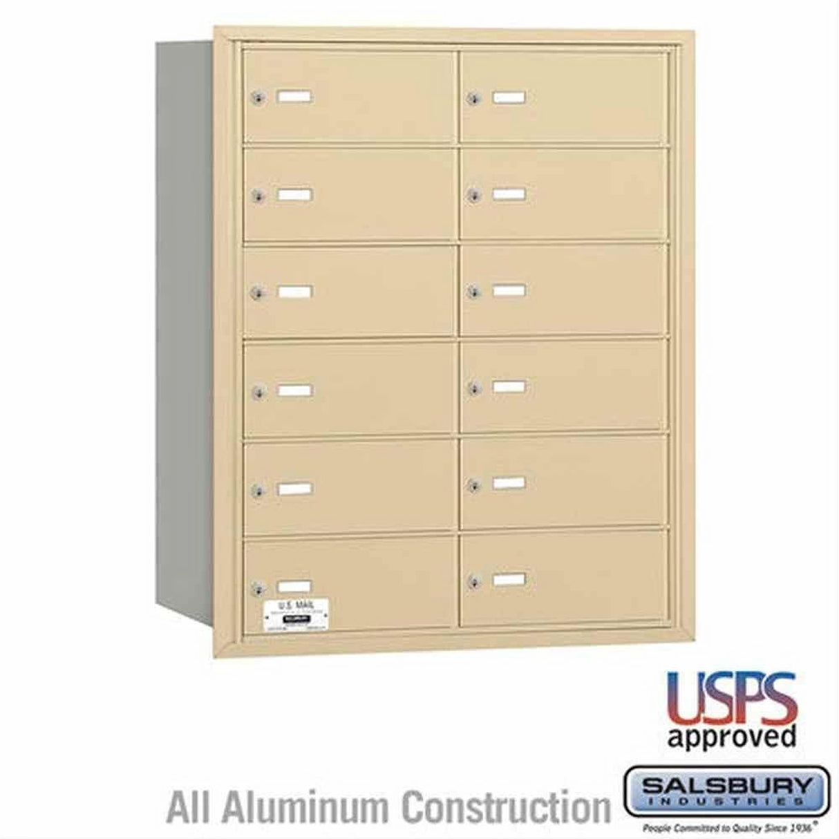 Salsbury Industries 3612SRU 3612-RU 4B+ Horizontal Mailbox 12 B Doors Rear Loading USPS Access Sandstone