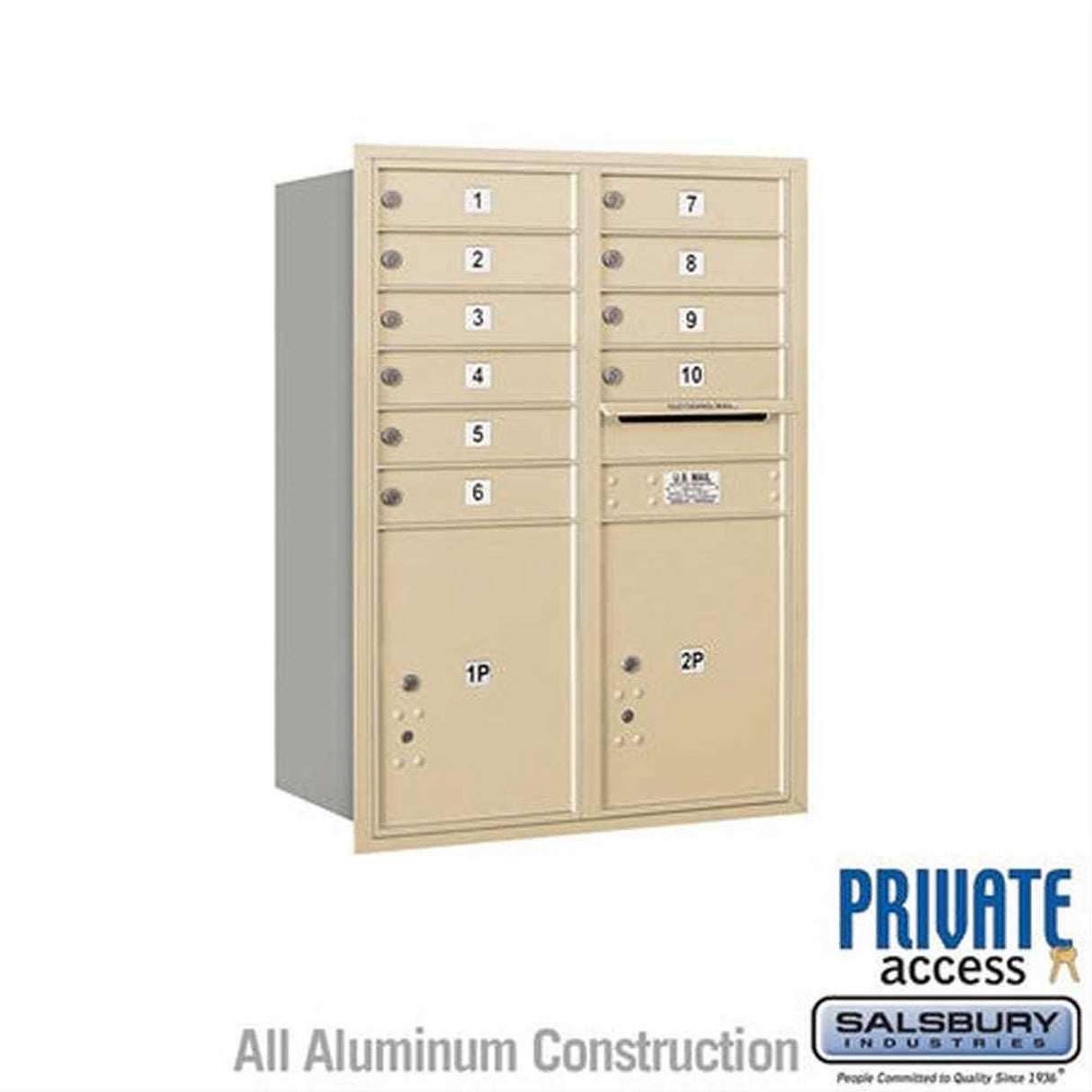 Salsbury Industries 3711D-10SRP-10-RP 4C Horizontal Mailbox 11 Door High Rear Loading Private Access Sandstone