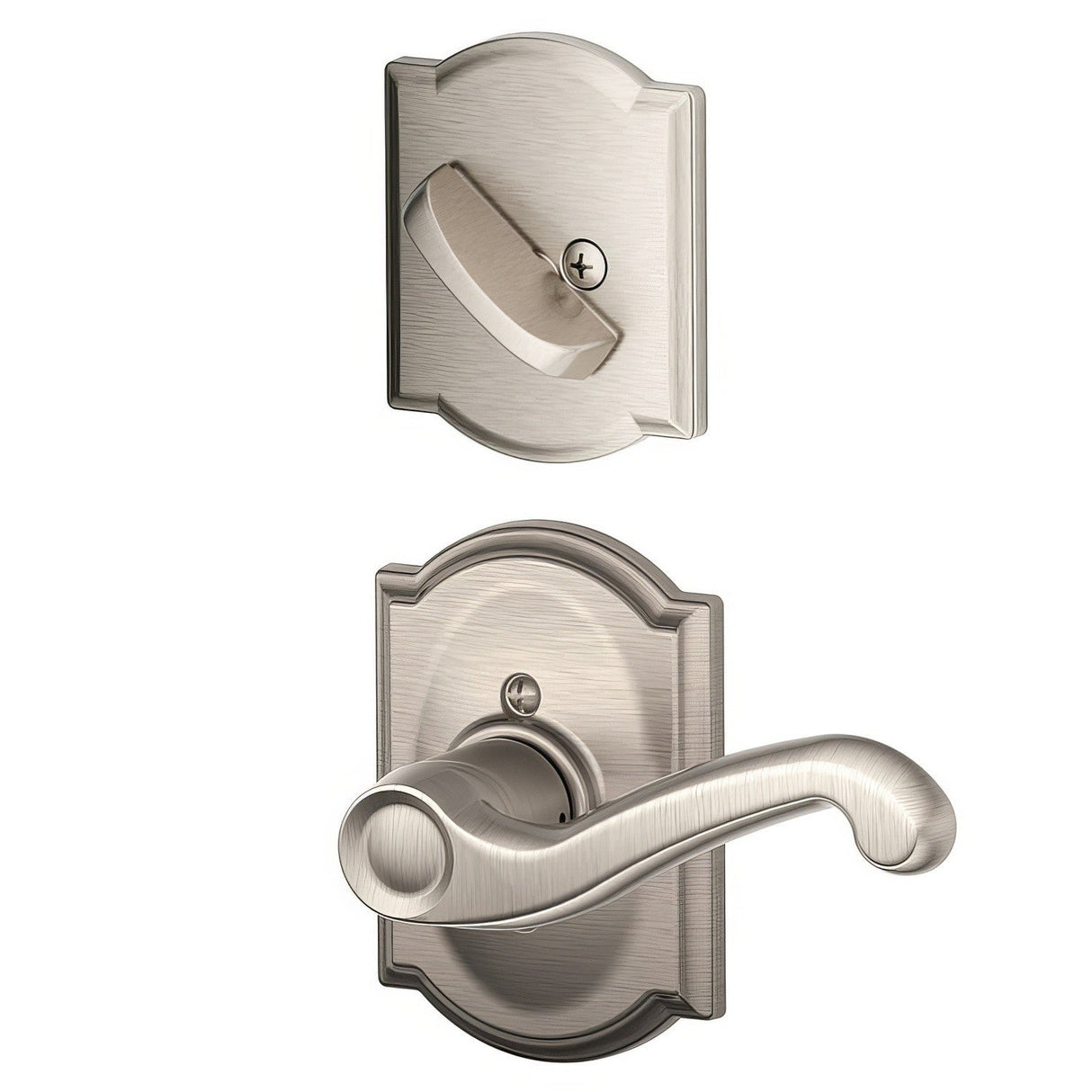 Schlage F94FLA619CAMLH F94-FLA-CAM-LH F-Series Flair Lever Left Hand Dummy Interior Pack Satin Nickel