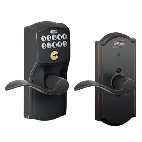 Schlage FE576CAM619ACC satin nickel keypad entry door lever