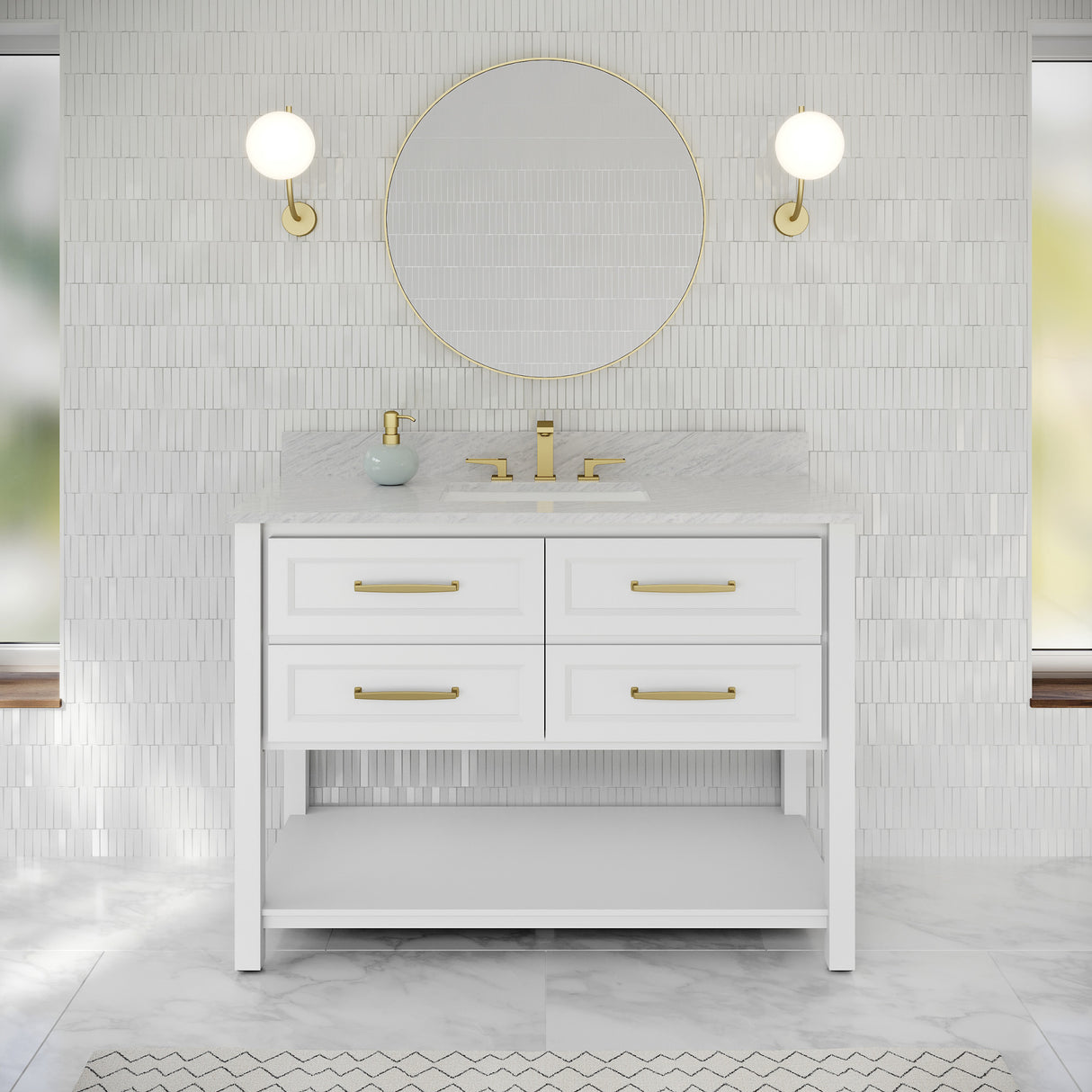 Jeffrey Alexander Kipling 49" White Single Sink Bathroom Vanity with White Carrara Marble Top - Single-Hole Faucet Top