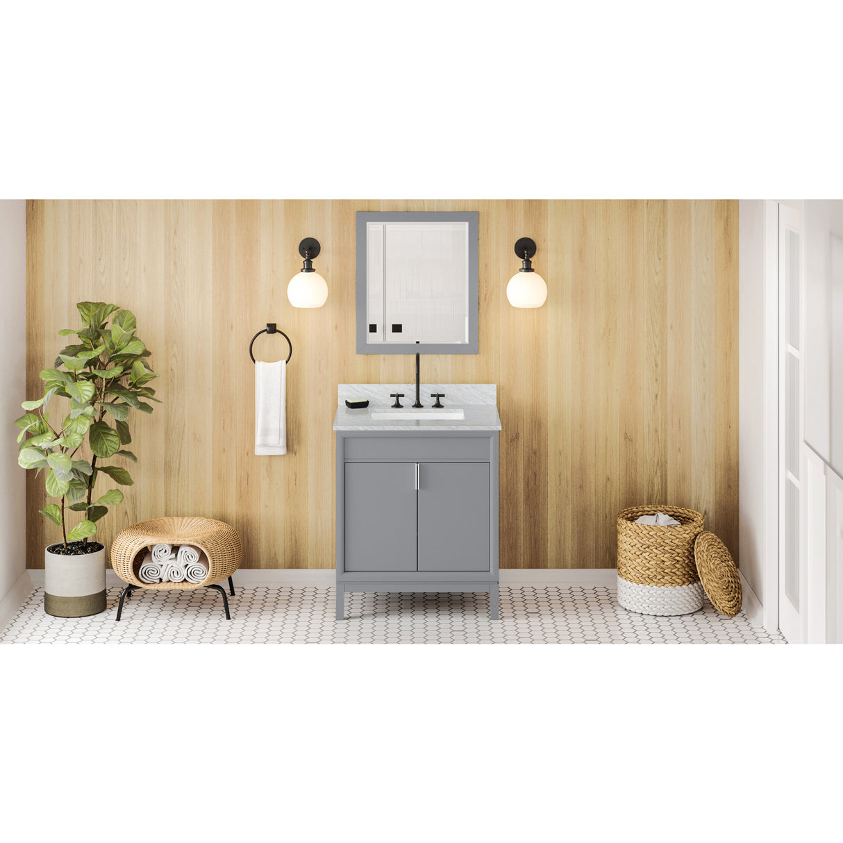 Jeffrey Alexander Theodora 30" Grey Single Sink Bathroom Vanity with White Carrara Marble Top - 8 in. Widespread Faucet Top