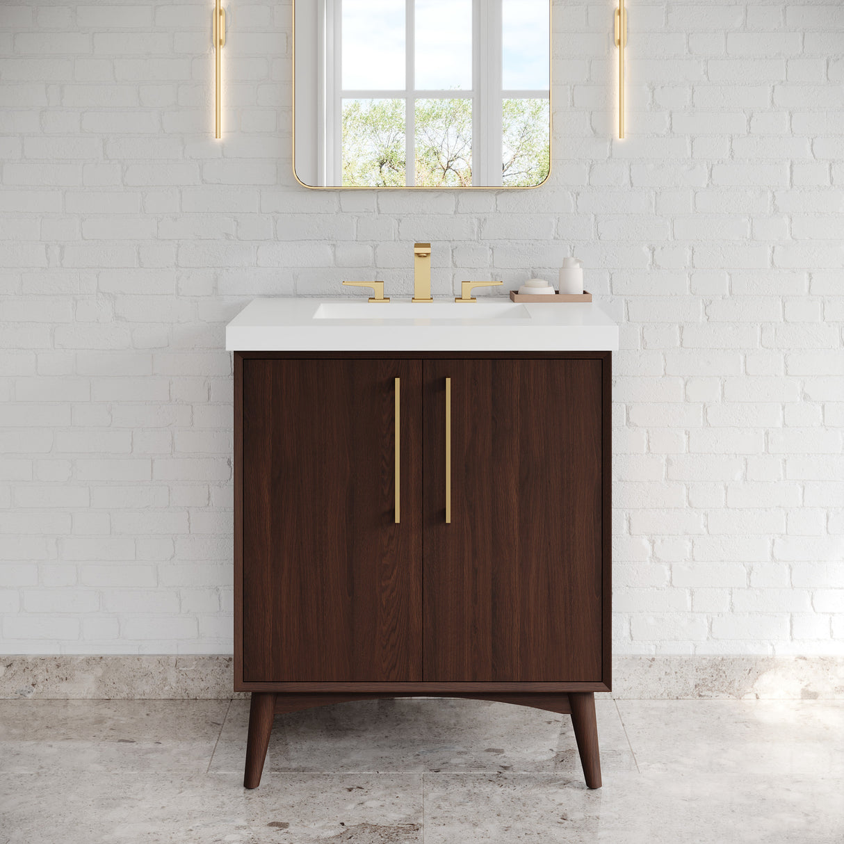 Jeffrey Alexander Dashwood Dark Walnut Single Sink Bathroom Vanity with White Resin Top - Single-Hole Faucet Top - VKITDAS30DWRER