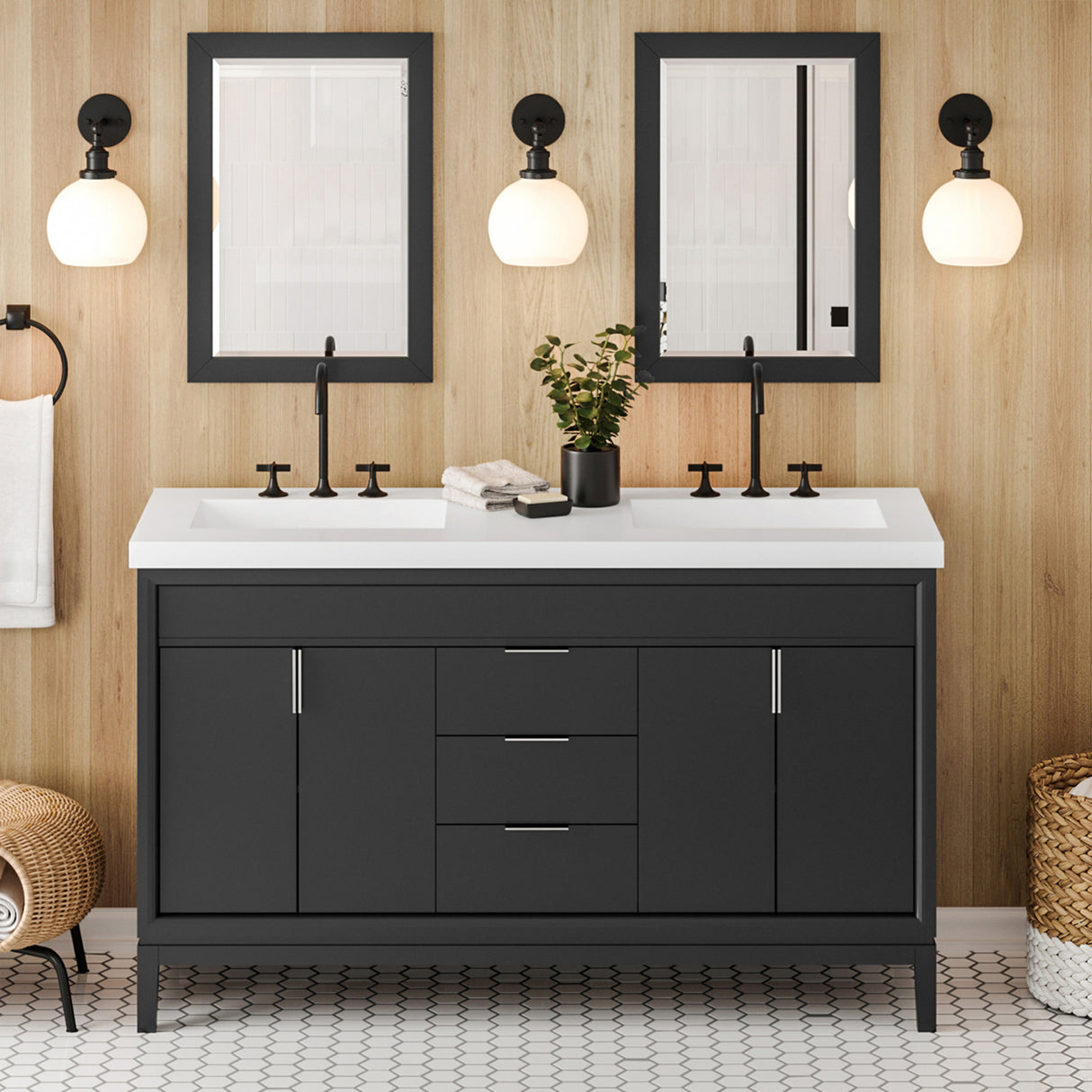 Jeffrey Alexander Theodora 61" Black Double Sink Bathroom Vanity with White Resin Top - 8 in. Widespread Faucet Top