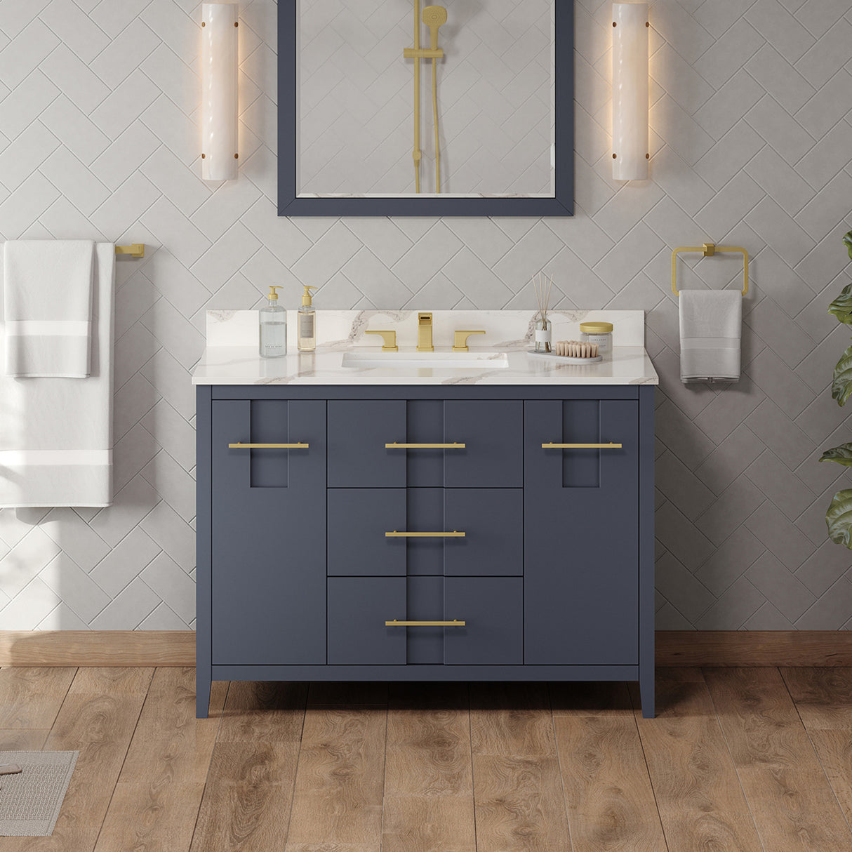 Jeffrey Alexander Katara 48" Blue Steel Single Sink Bathroom Vanity with Calacatta Vienna Quartz Top - 8 in. Widespread Faucet Top product image 2