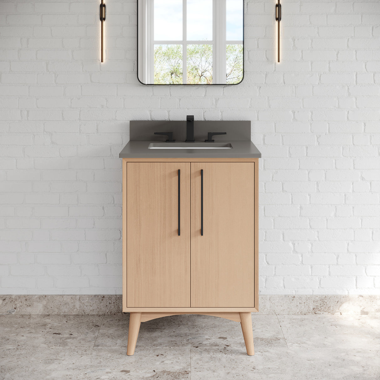 Jeffrey Alexander Dashwood Natural Oak Single Sink Bathroom Vanity with Grey Quartz Top - Single-Hole Faucet Top - VKITDAS24NOGQR