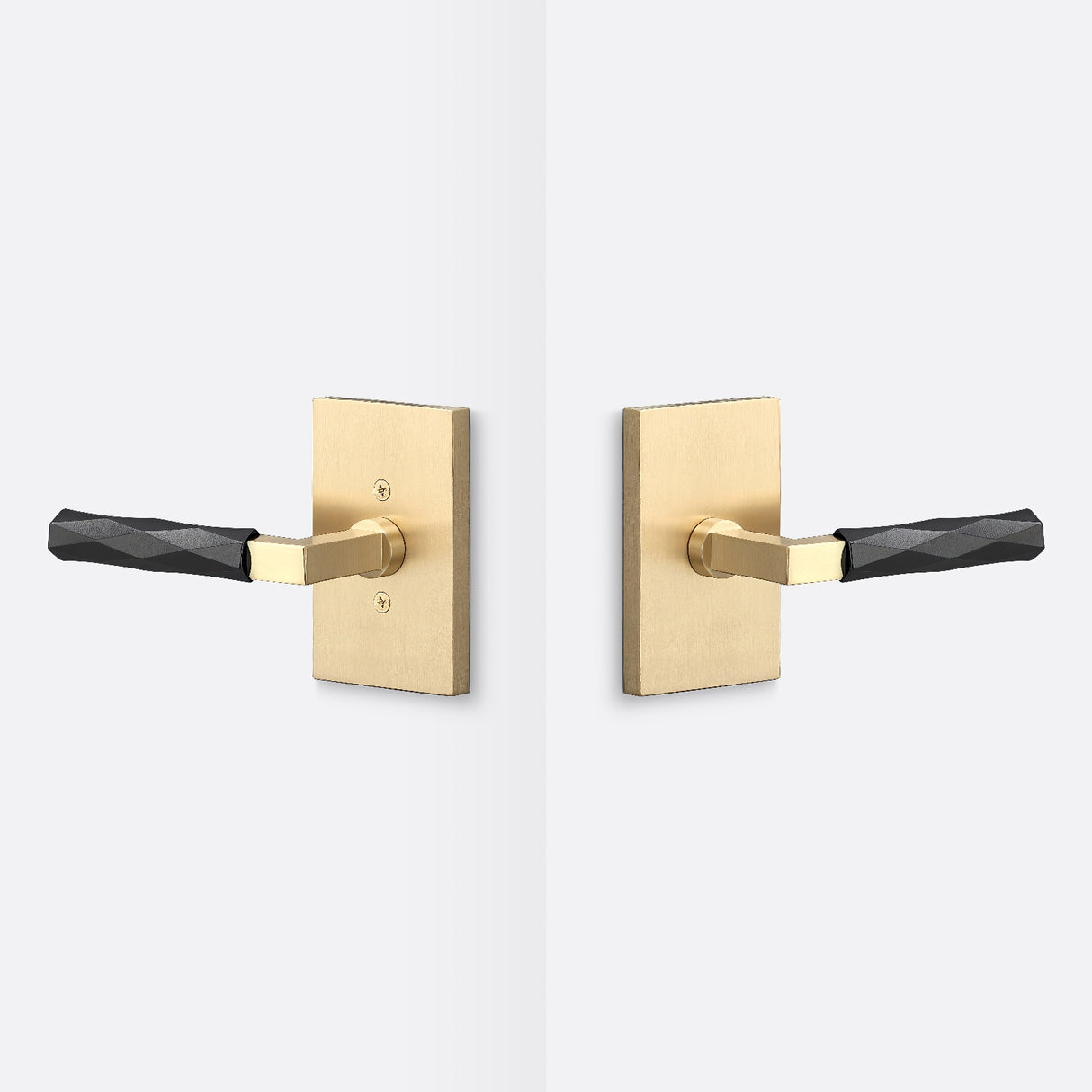 Sure-Loc Hardware Sure-Loc LV101 SB GRIP-VT FBL-GRIP-VT Vertex Grip Passage Door Lever with Levanto Rosette Satin Brass / Flat Black