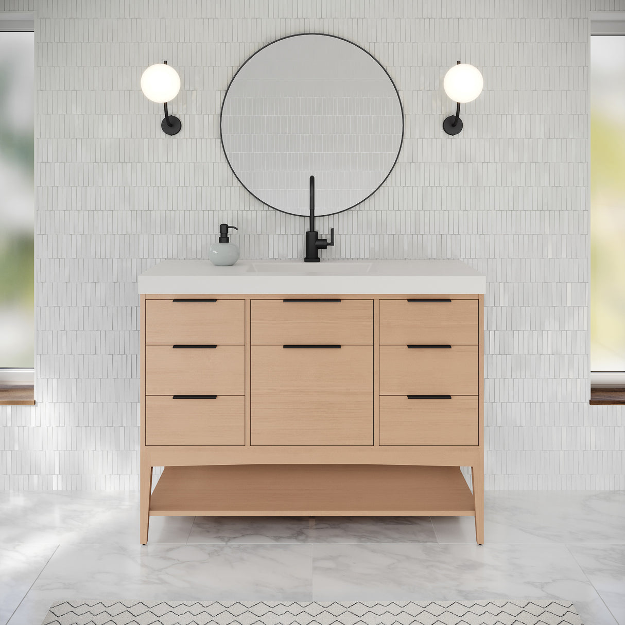 Jeffrey Alexander Gardner 49" Natural Oak Single Sink Bathroom Vanity with White Resin Top - Single-Hole Faucet Top - VKGAR48NOWDNORE product image 2