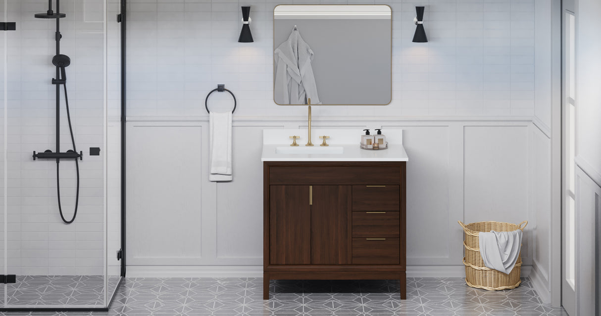 Jeffrey Alexander Theodora 36" Dark Walnut Single Sink Bathroom Vanity with White Quartz Top - 8 in. Widespread Faucet Top product image 6