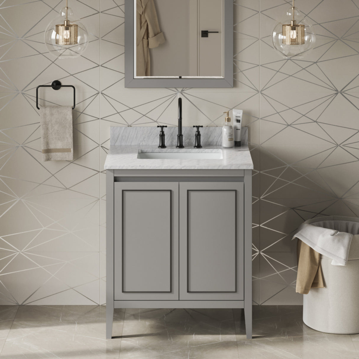 Jeffrey Alexander Percival 30" Grey Single Sink Bathroom Vanity with White Carrara Marble Top - 8 in. Widespread Faucet Top product image 2