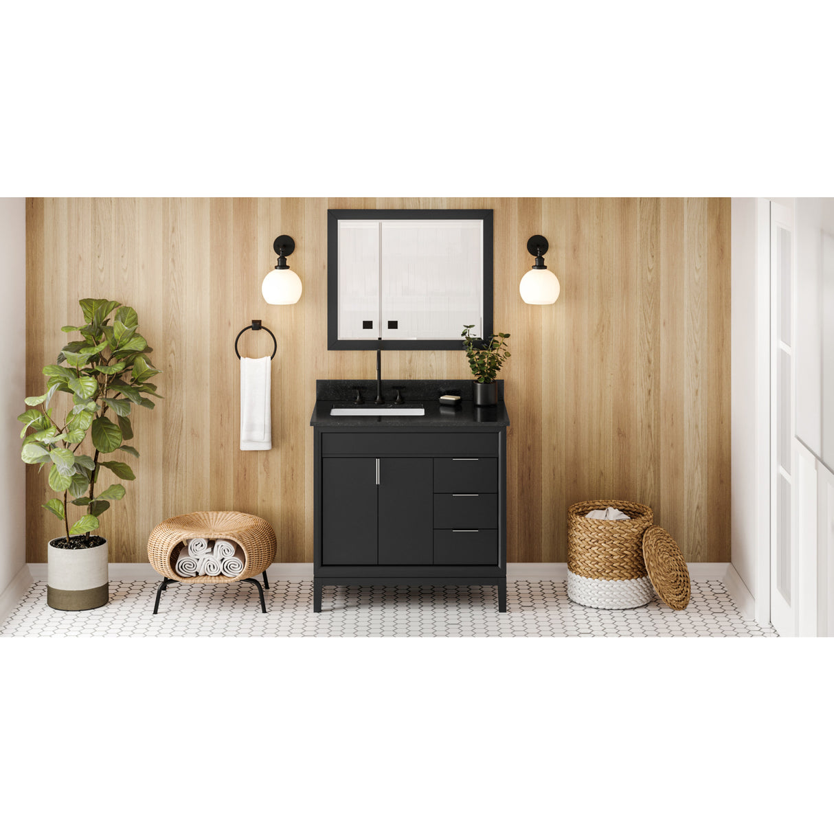 Jeffrey Alexander Theodora 36" Black Single Sink Bathroom Vanity with Black Granite Top - 8 in. Widespread Faucet Top