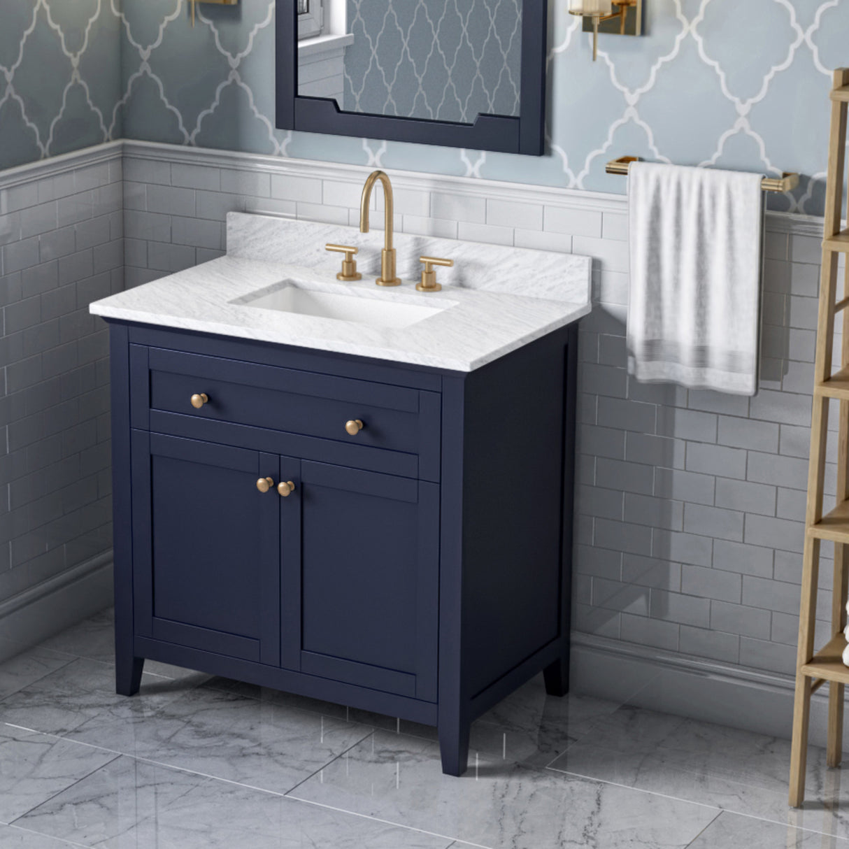 Jeffrey Alexander Chatham 36" Hale Blue Single Sink Bathroom Vanity with White Carrara Marble Top - 8 in. Widespread Faucet Top product image 2