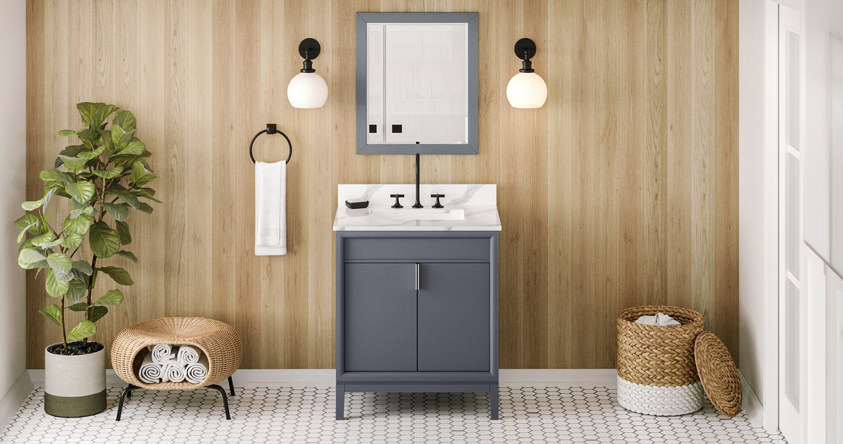 Jeffrey Alexander Theodora 30" Blue Steel Single Sink Bathroom Vanity with Calacatta Vienna Quartz Top - 8 in. Widespread Faucet Top product image 7