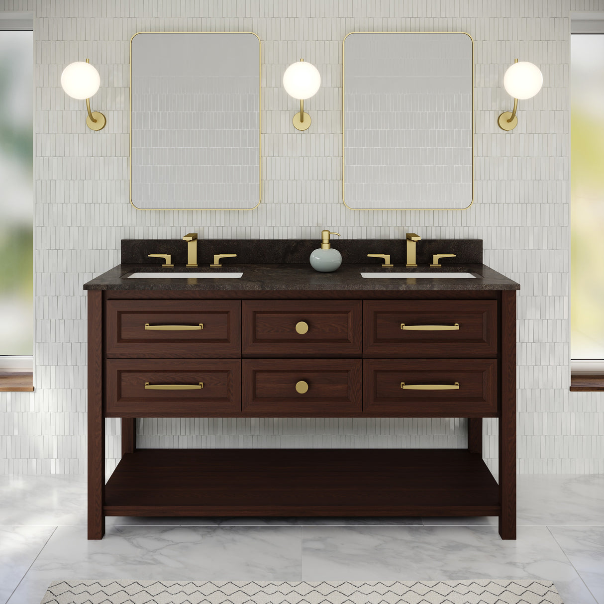Jeffrey Alexander Kipling 60" Dark Walnut Double Sink Bathroom Vanity with Blue Limestone Top - 8 in. Widespread Faucet Top