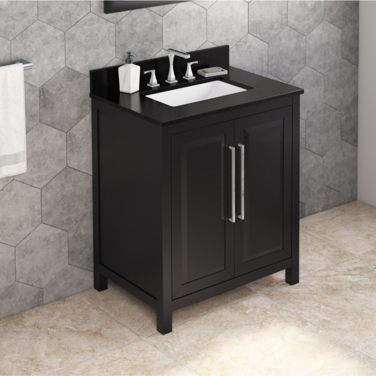 Jeffrey Alexander Cade 30" Black Single Sink Bathroom Vanity with Black Granite Top - 8 in. Widespread Faucet Top product image 2