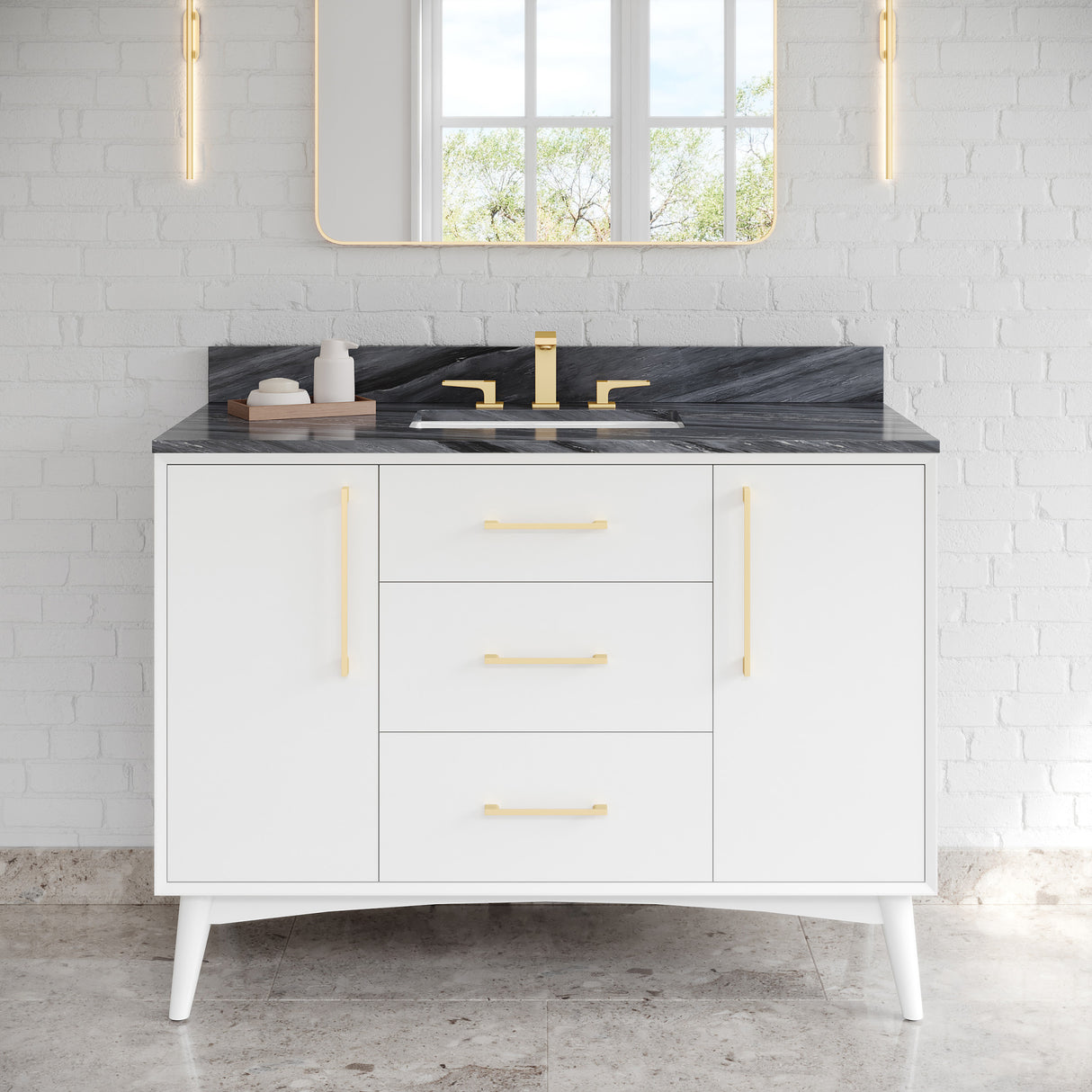 Jeffrey Alexander Dashwood White Single Sink Bathroom Vanity with Grey Marble Top - 8 in. Widespread Faucet Top - VKITDAS48WHMGR