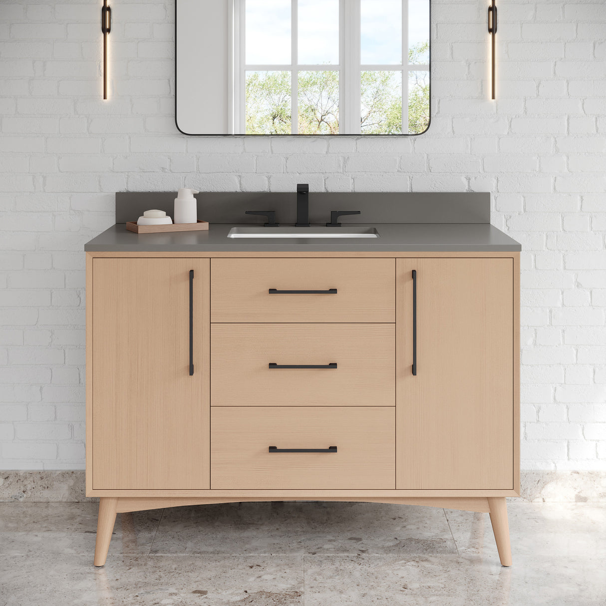 Jeffrey Alexander Dashwood Natural Oak Single Sink Bathroom Vanity with Grey Quartz Top - 8 in. Widespread Faucet Top - VKITDAS48NOGQR