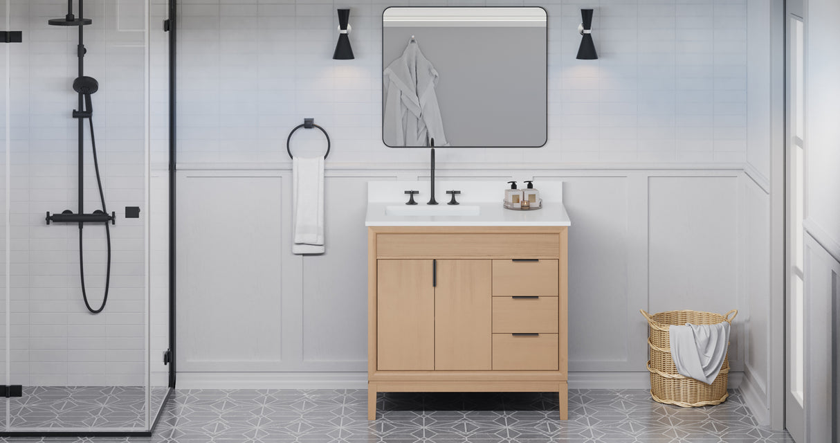 Jeffrey Alexander Theodora 36" Natural Oak Single Sink Bathroom Vanity with White Quartz Top - 8 in. Widespread Faucet Top product image 6
