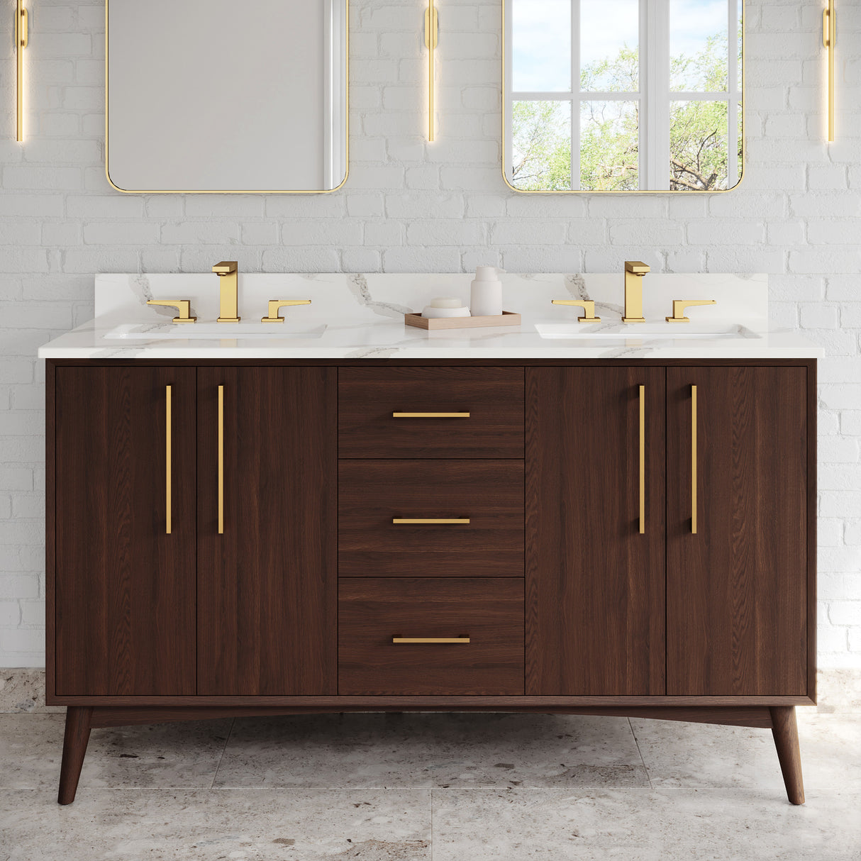 Jeffrey Alexander Dashwood 60" Dark Walnut Double Sink Bathroom Vanity with Calacatta Vienna Quartz Top - 8 in. Widespread Faucet Top