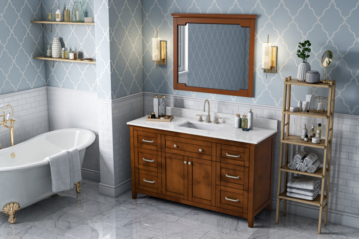 Jeffrey Alexander Chatham 60" Chocolate Double Sink Bathroom Vanity with White Carrara Marble Top - 8 in. Widespread Faucet Top - VKITCHA60SCHWCR product image 7