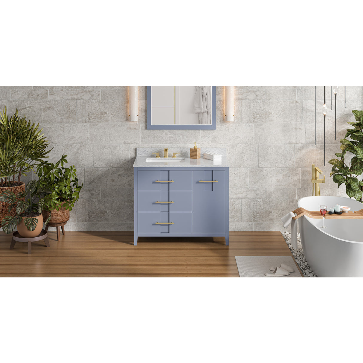 Jeffrey Alexander Katara 42" Blue Steel Single Sink Bathroom Vanity with White Carrara Marble Top - 8 in. Widespread Faucet Top