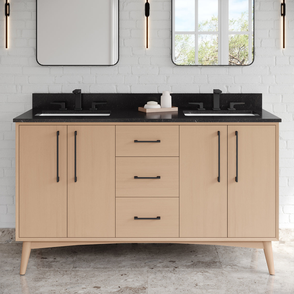 Jeffrey Alexander Dashwood 60" Natural Oak Double Sink Bathroom Vanity with Black Granite Top - 8 in. Widespread Faucet Top