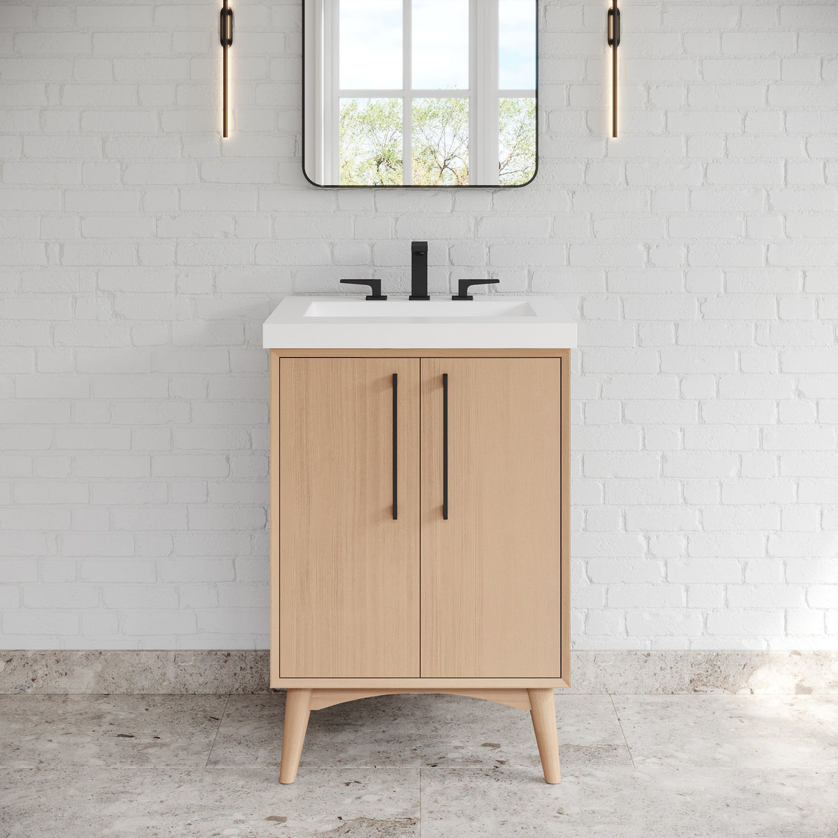Jeffrey Alexander Dashwood Natural Oak Single Sink Bathroom Vanity with White Resin Top - Single-Hole Faucet Top - VKITDAS24NORER