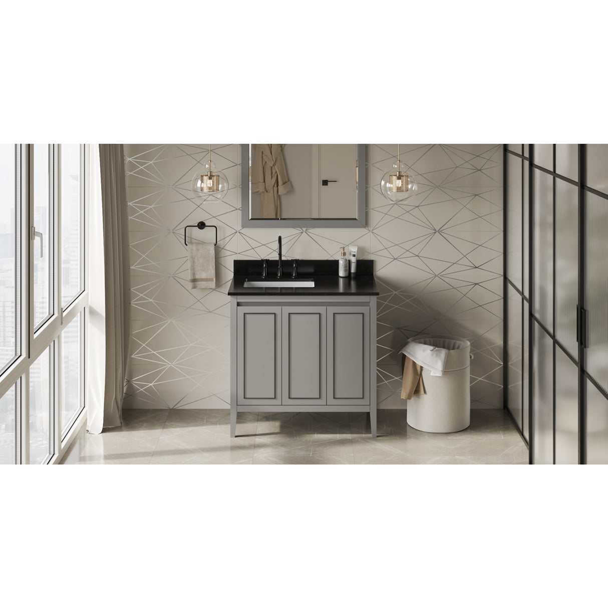 Jeffrey Alexander Percival 36" Grey Single Sink Bathroom Vanity with Black Granite Top - 8 in. Widespread Faucet Top