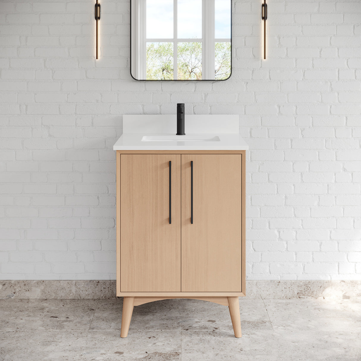 Jeffrey Alexander Dashwood Natural Oak Single Sink Bathroom Vanity with White Quartz Top - Single-Hole Faucet Top - VKITDAS24NOWQR1