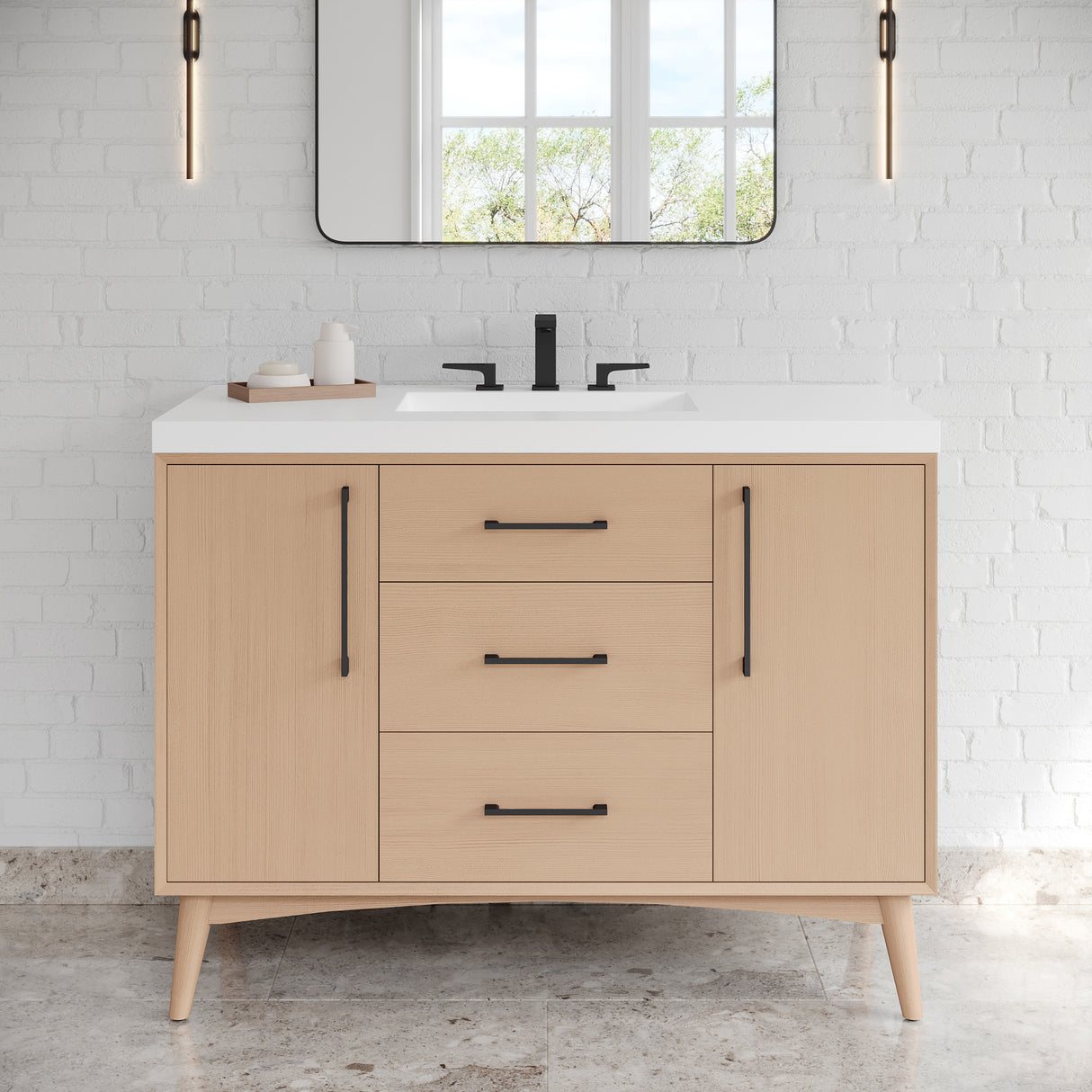 Jeffrey Alexander Dashwood Natural Oak Single Sink Bathroom Vanity with White Resin Top - 8 in. Widespread Faucet Top - VKITDAS48NORER