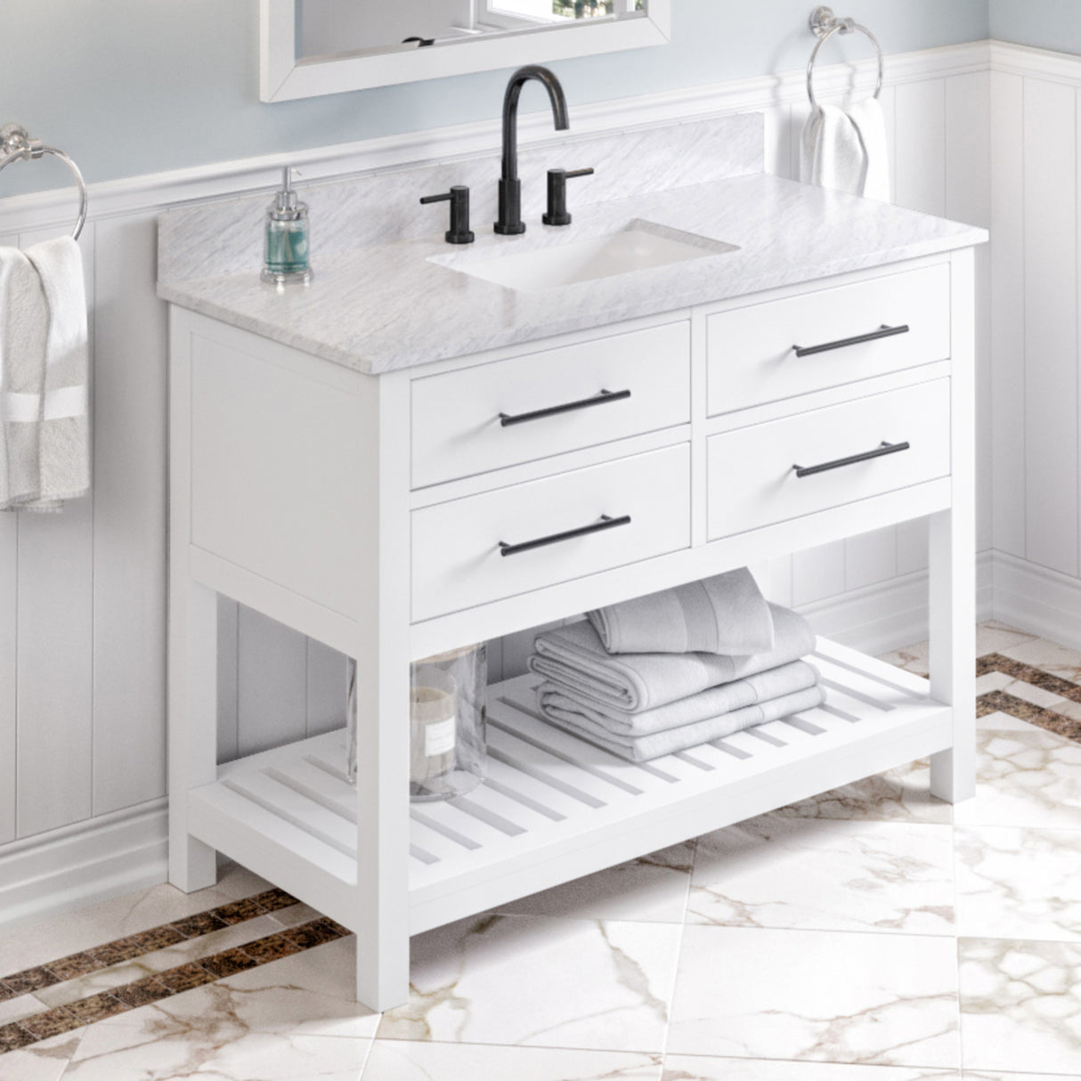 Jeffrey Alexander Wavecrest 48" White Single Sink Bathroom Vanity with White Carrara Marble Top - 8 in. Widespread Faucet Top product image 2