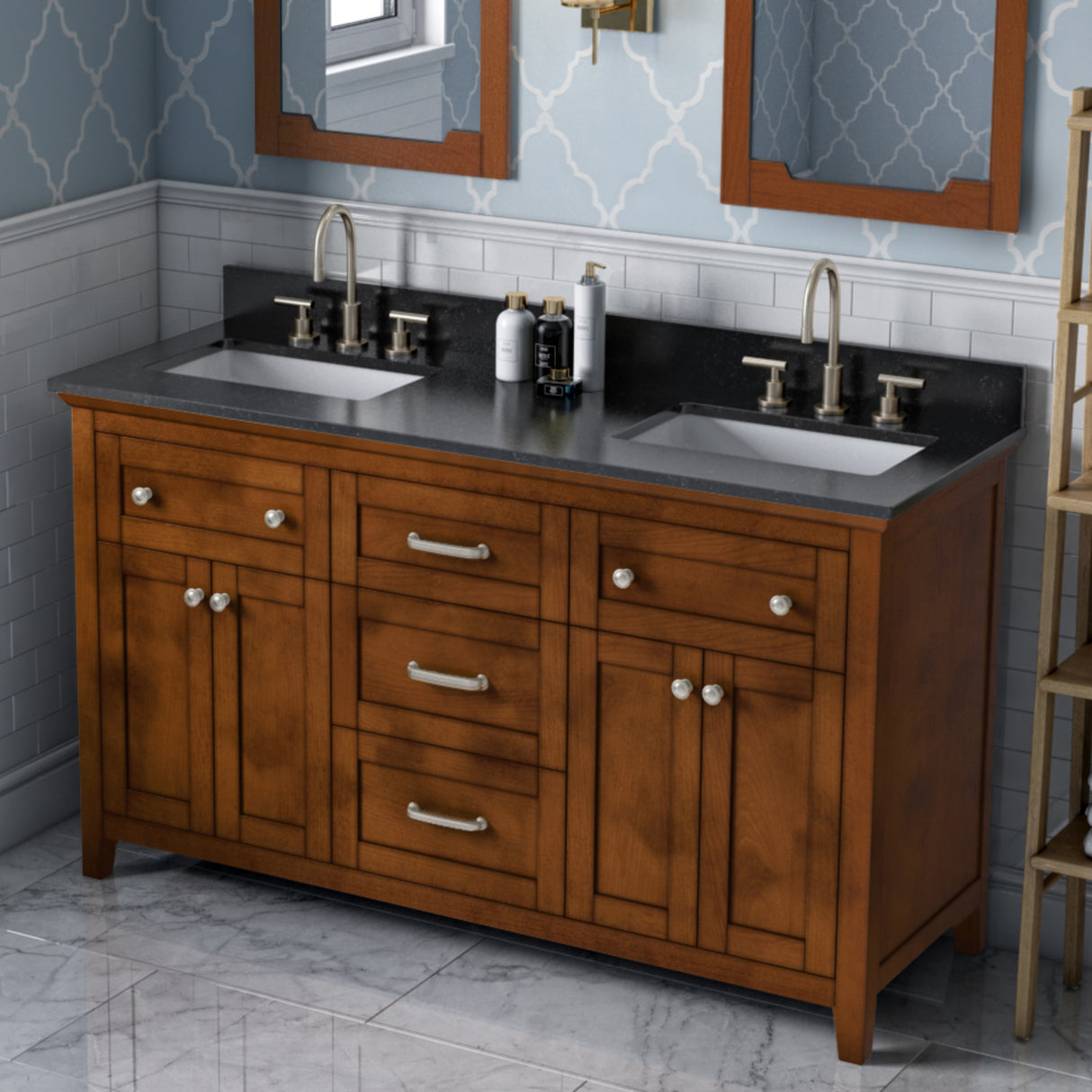Jeffrey Alexander Chatham 60" Chocolate Double Sink Bathroom Vanity with Black Granite Top - 8 in. Widespread Faucet Top - VKITCHA60CHBGR product image 2