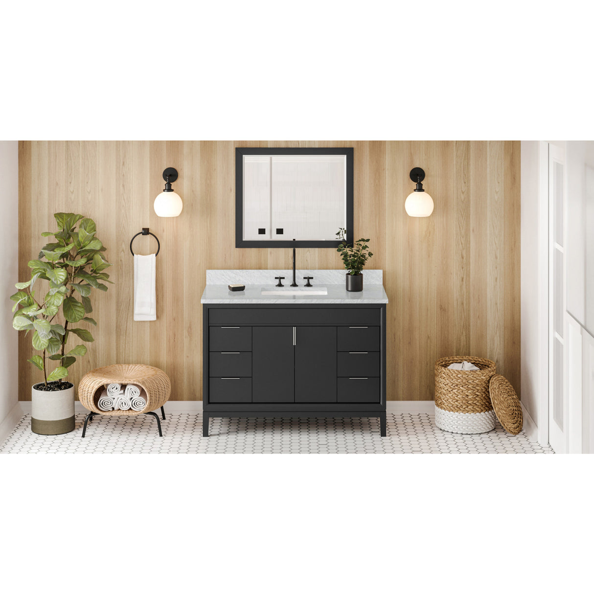 Jeffrey Alexander Theodora 48" Black Single Sink Bathroom Vanity with White Carrara Marble Top - 8 in. Widespread Faucet Top