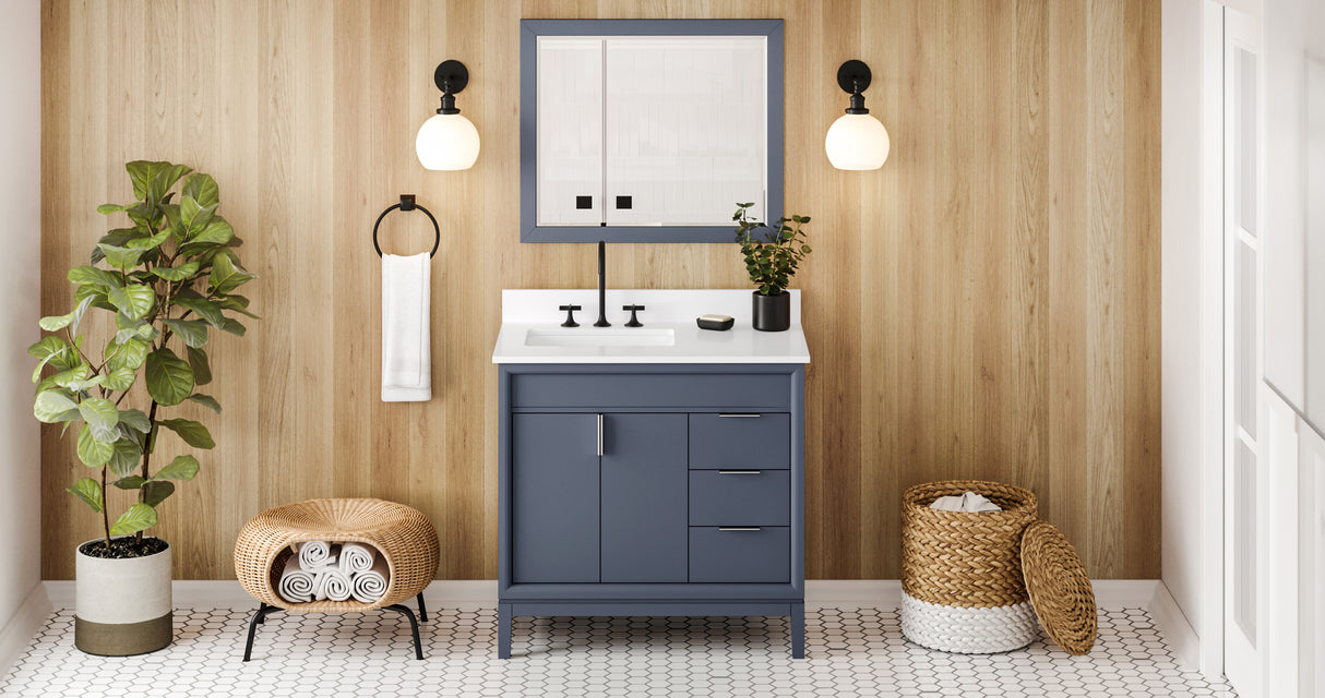 Jeffrey Alexander Theodora 36" Blue Steel Single Sink Bathroom Vanity with White Quartz Top - 8 in. Widespread Faucet Top product image 6