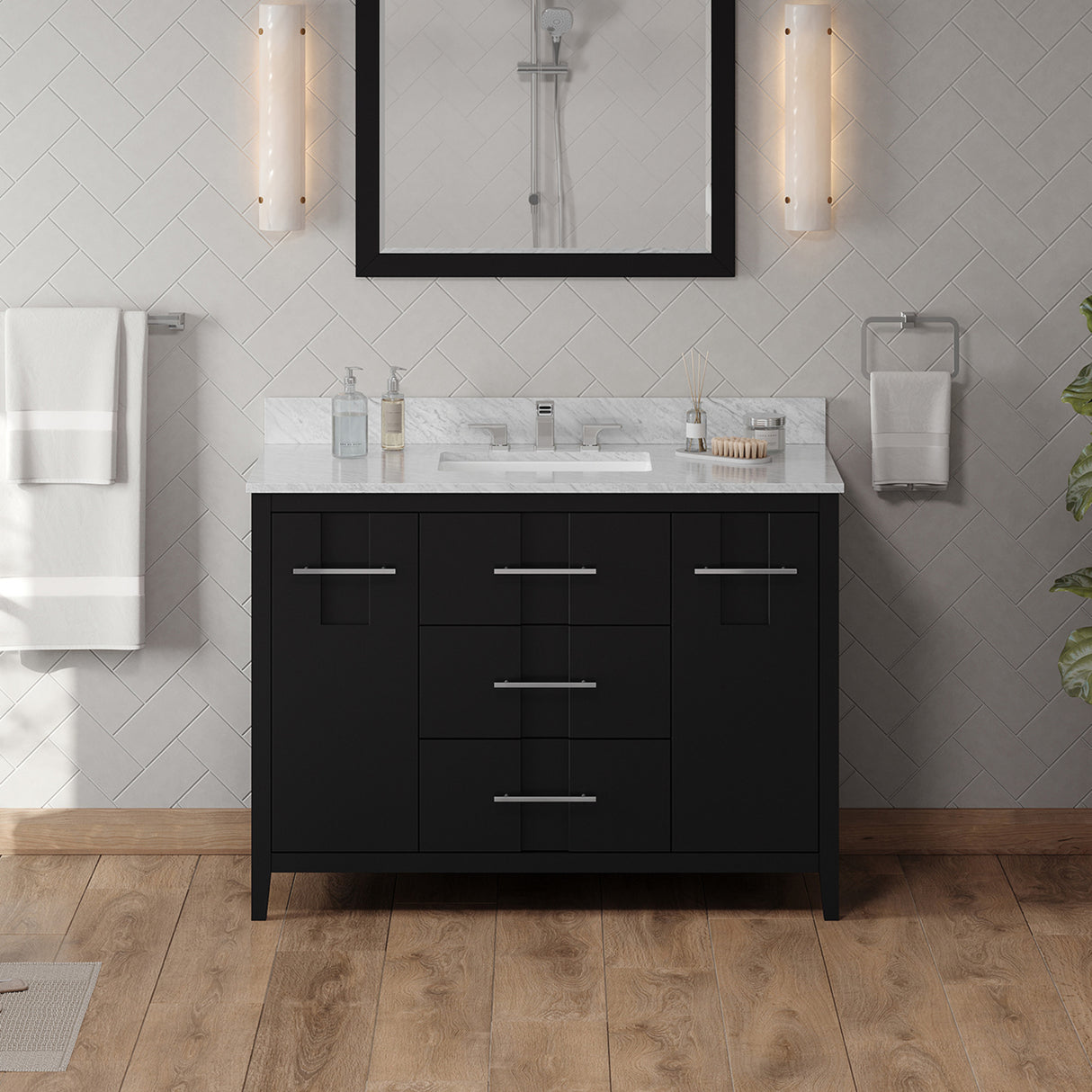 Jeffrey Alexander Katara 48" Black Single Sink Bathroom Vanity with White Carrara Marble Top - 8 in. Widespread Faucet Top product image 2