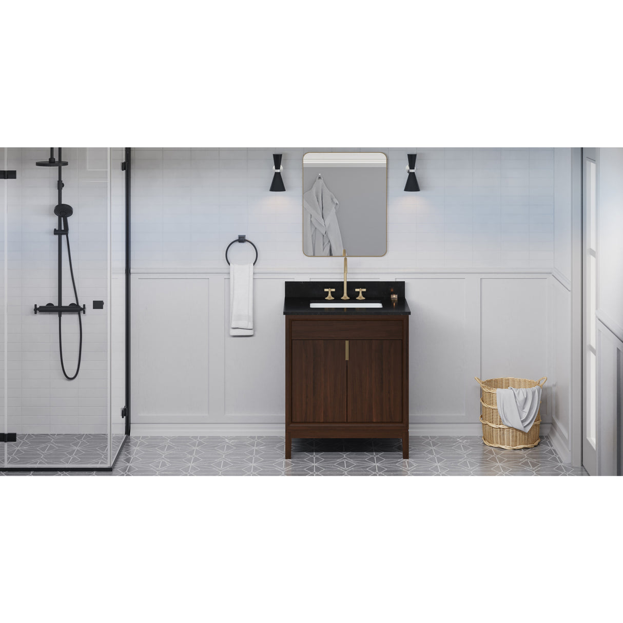 Jeffrey Alexander Theodora 30" Dark Walnut Single Sink Bathroom Vanity with Black Granite Top - 8 in. Widespread Faucet Top