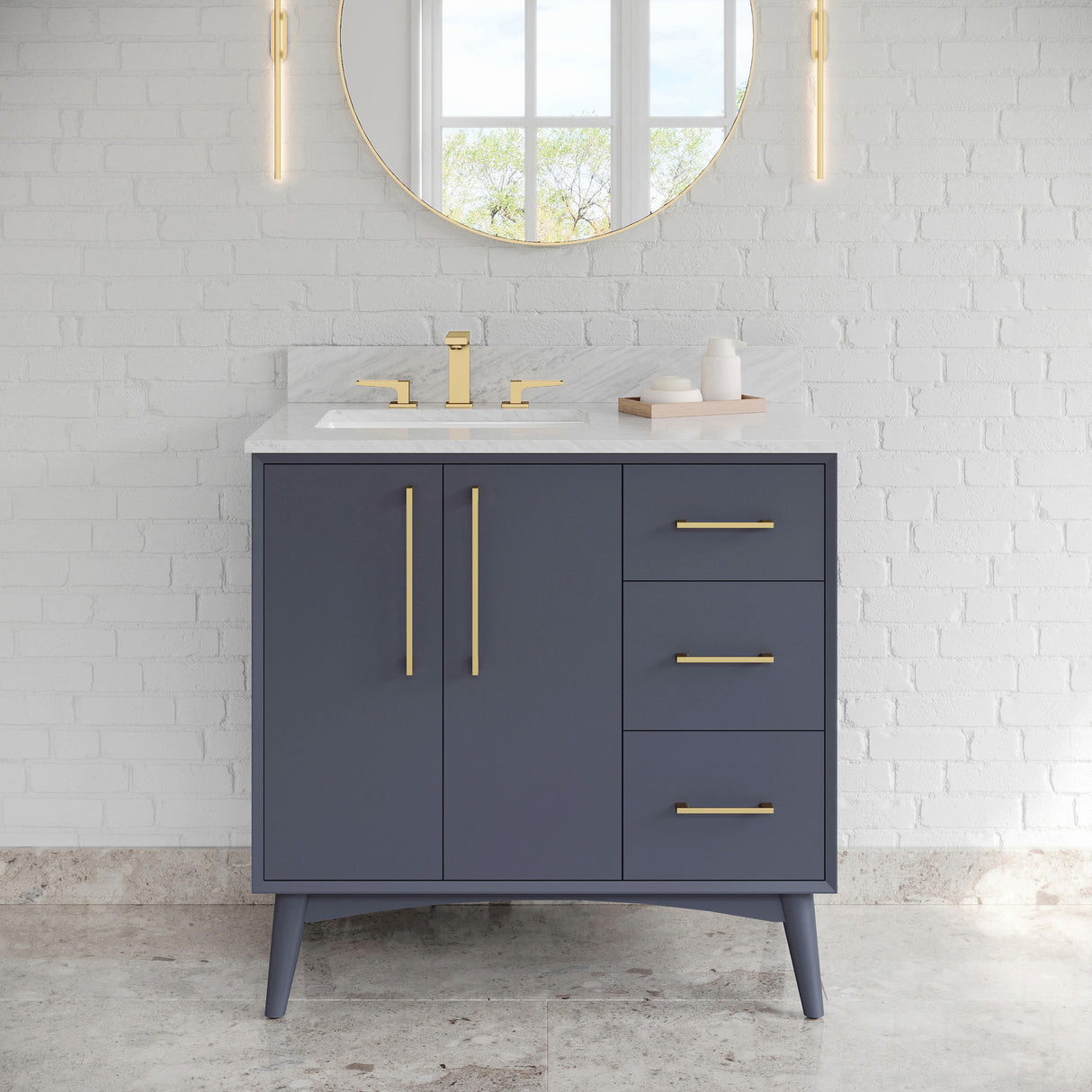 Jeffrey Alexander Dashwood Blue Steel Single Sink Bathroom Vanity with White Quartz Top - 8 in. Widespread Faucet Top - VKITDAS36BSWQR