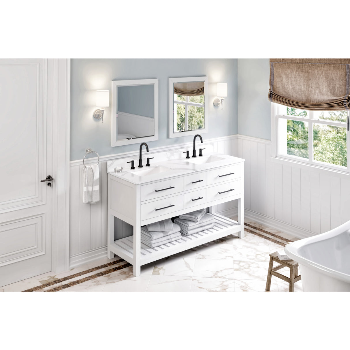 Jeffrey Alexander Wavecrest 60" White Double Sink Bathroom Vanity with Calacatta Vienna Quartz Top - 8 in. Widespread Faucet Top