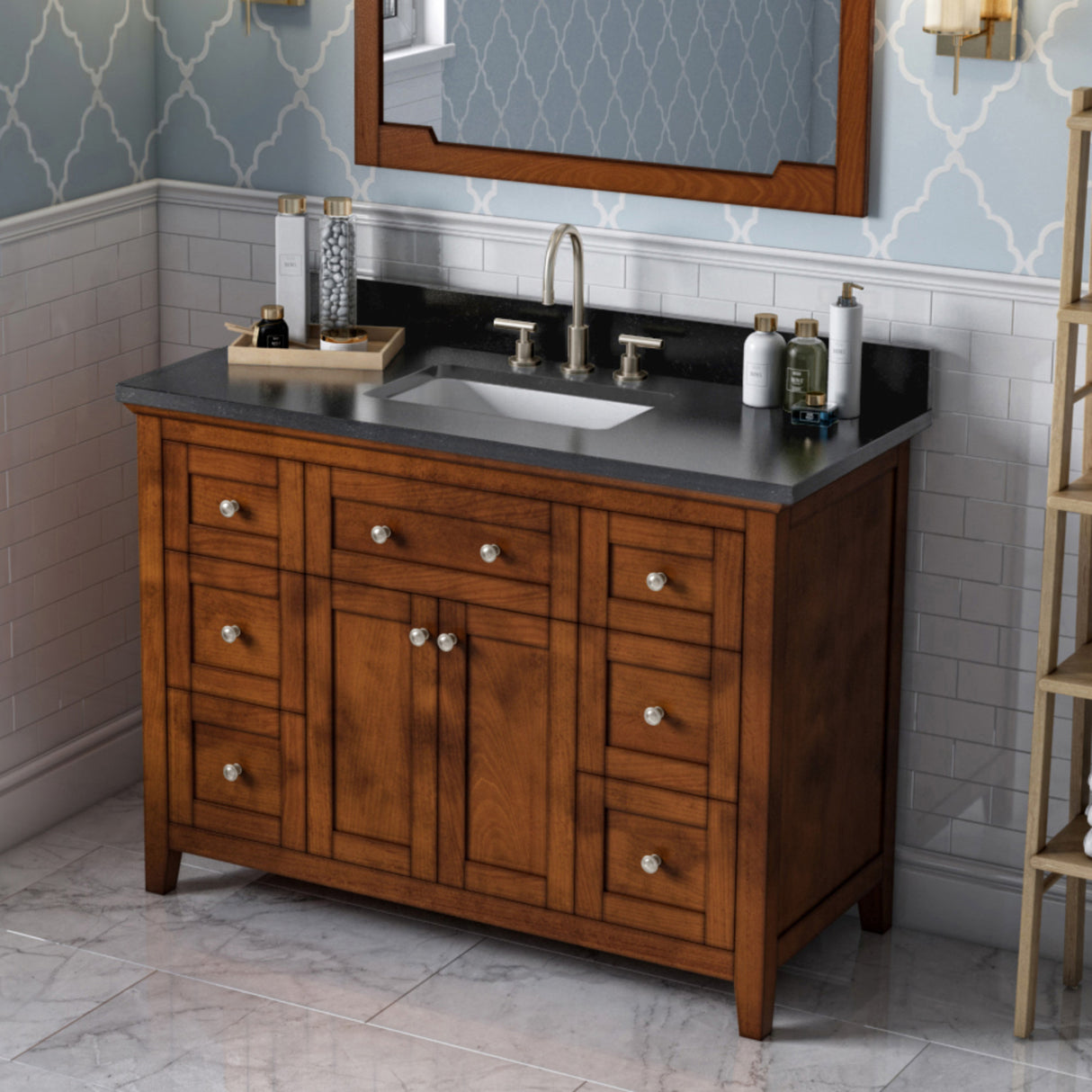 Jeffrey Alexander Chatham 48" Chocolate Single Sink Bathroom Vanity with Black Granite Top - 8 in. Widespread Faucet Top product image 2