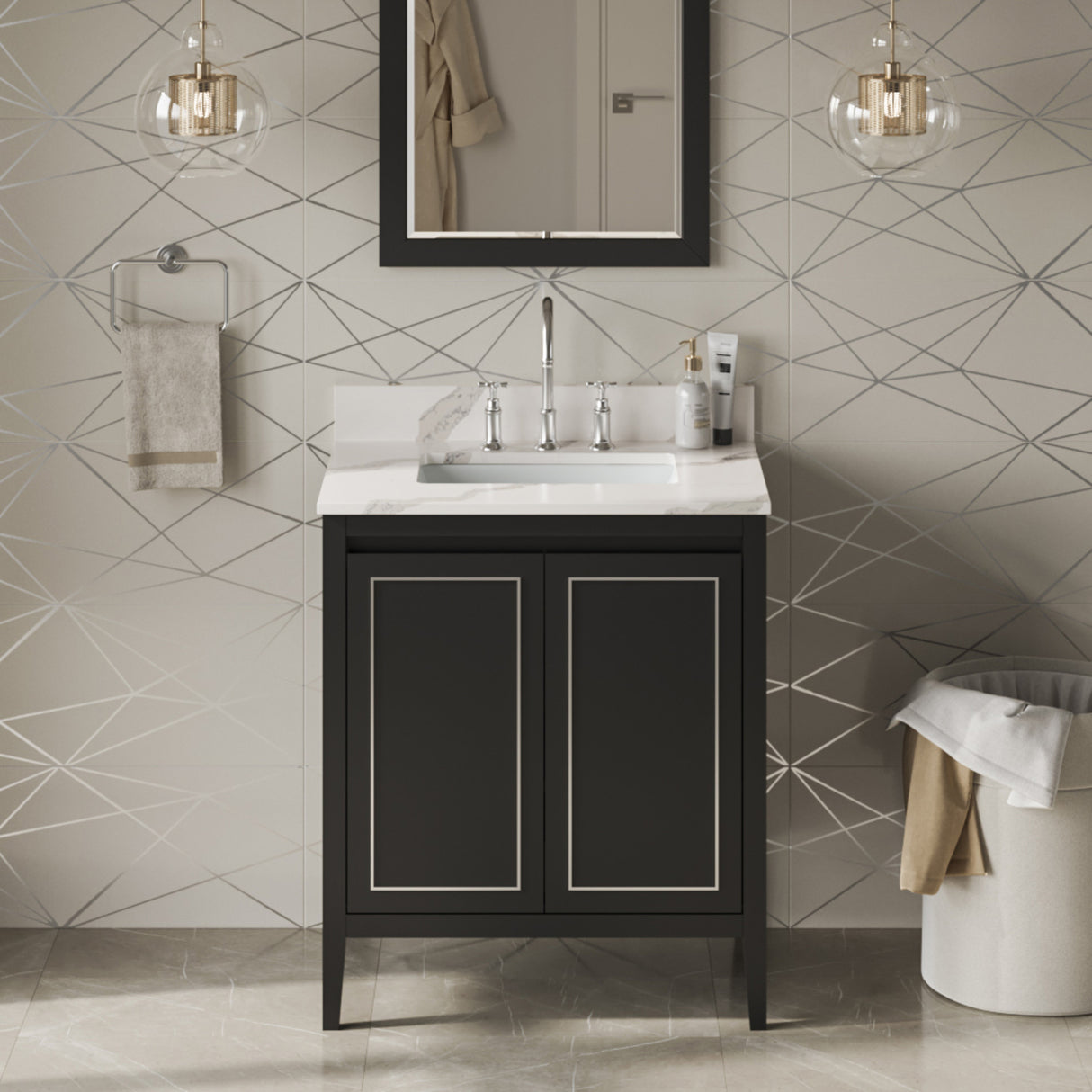 Jeffrey Alexander Percival 30" Black Single Sink Bathroom Vanity with Calacatta Vienna Quartz Top - 8 in. Widespread Faucet Top product image 2
